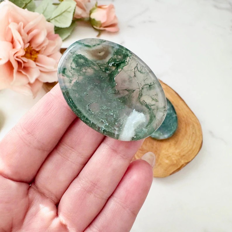 Moss Agate Polished Palm Pocket Worry Stone for Healing Anxiety Relief Balance