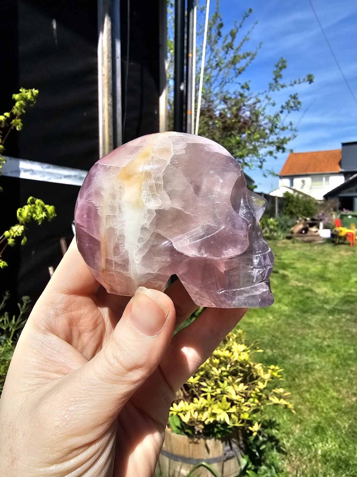 Rainbow Fluorite Skull Crystal Carving 380g Purple 5.6 x6.4 x4.7cm