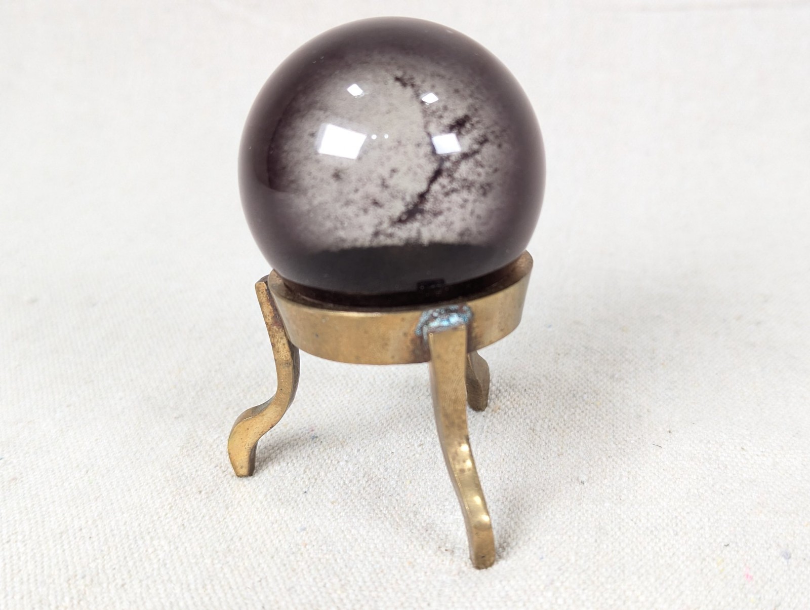 Vintage Purple Obsidian Glass Sphere on Three-Legged Brass Tripod Stand Decor