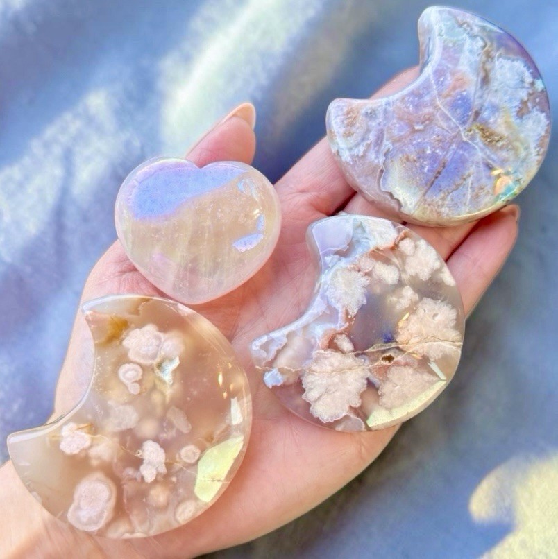 Pink Flower Agate Crescent Moon Set Aura Rose Quartz Heart Crystal Bundle 4pc