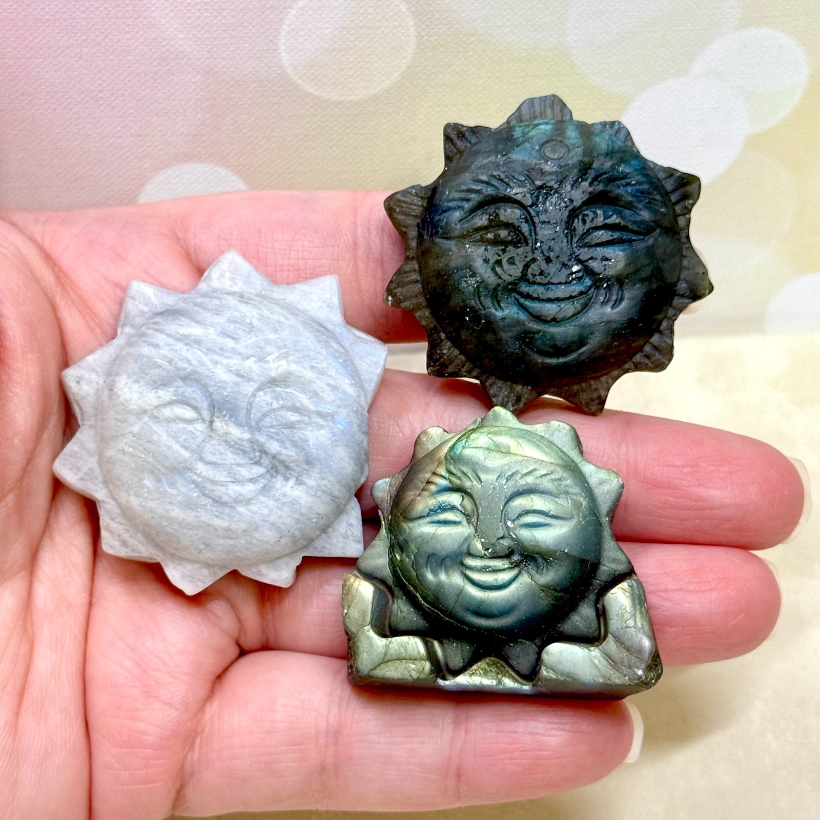 Labradorite Sun Face Crystal Carving – Natural Gemstone Carved Cabochon 1.7″