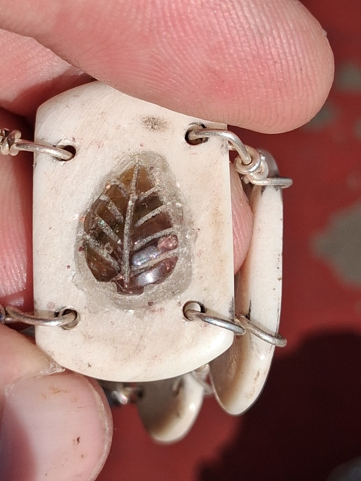 6 Inch Leaf Carved Watermelon Tourmaline In Water Buffalo Bone Bracelet