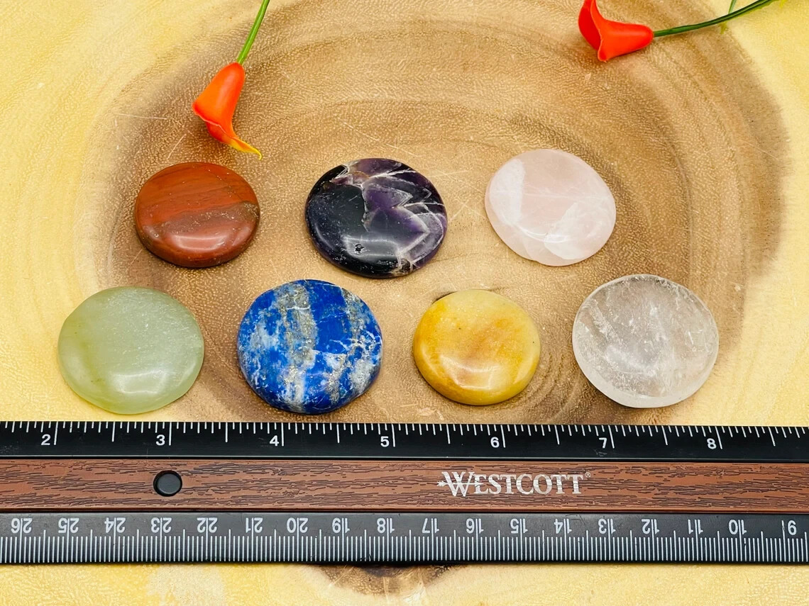 7 Chakra Round Palm Stone Set, Polished Smooth Pocket Stones with Velvet Pouch