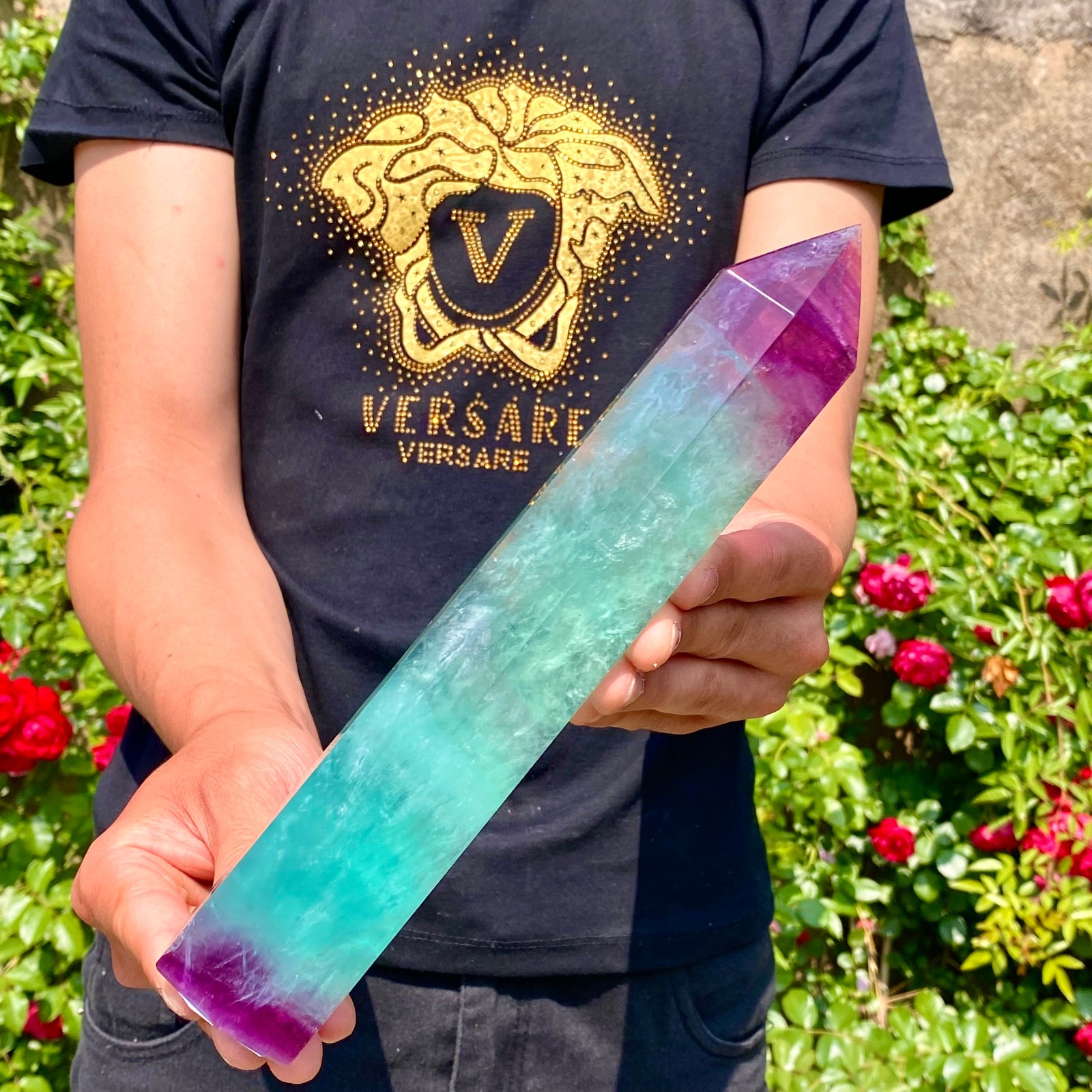 2.2LB Natural rainbow fluorite obelisk quartz crystal wand point Gem Healing
