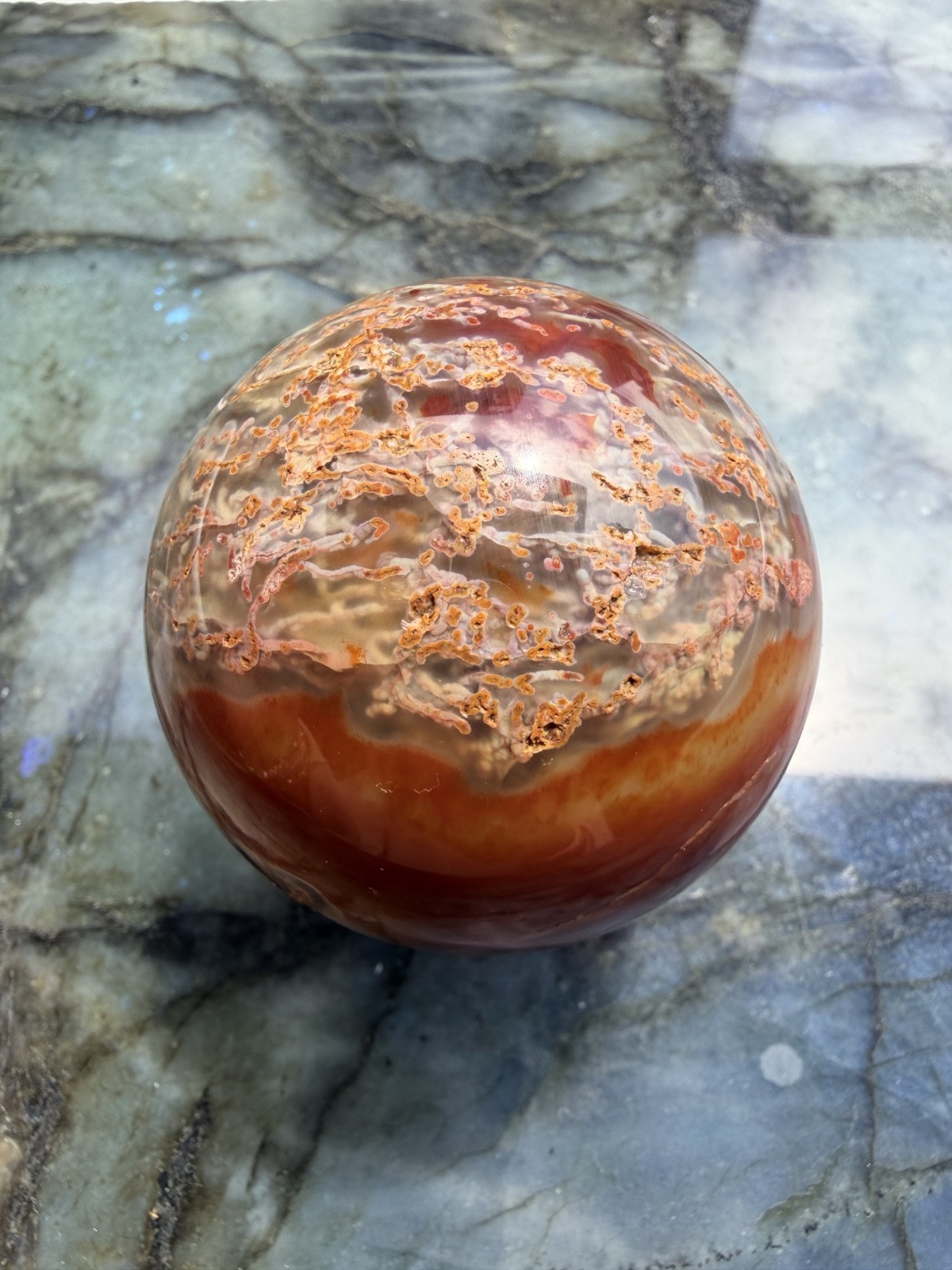 Beautiful Carnelian Moss Agate Sphere | Collector’s Piece | 2.68″