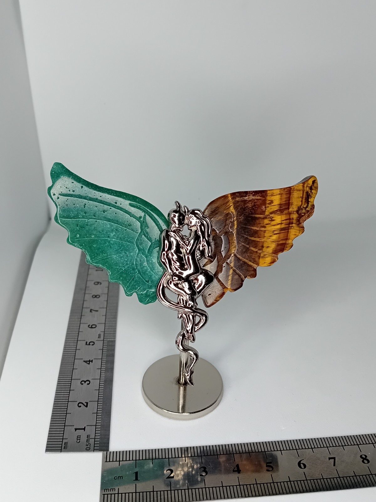 Green Aventurine & Tigers Eye Carved Crystal Angel Devil Wings Stand Collectable