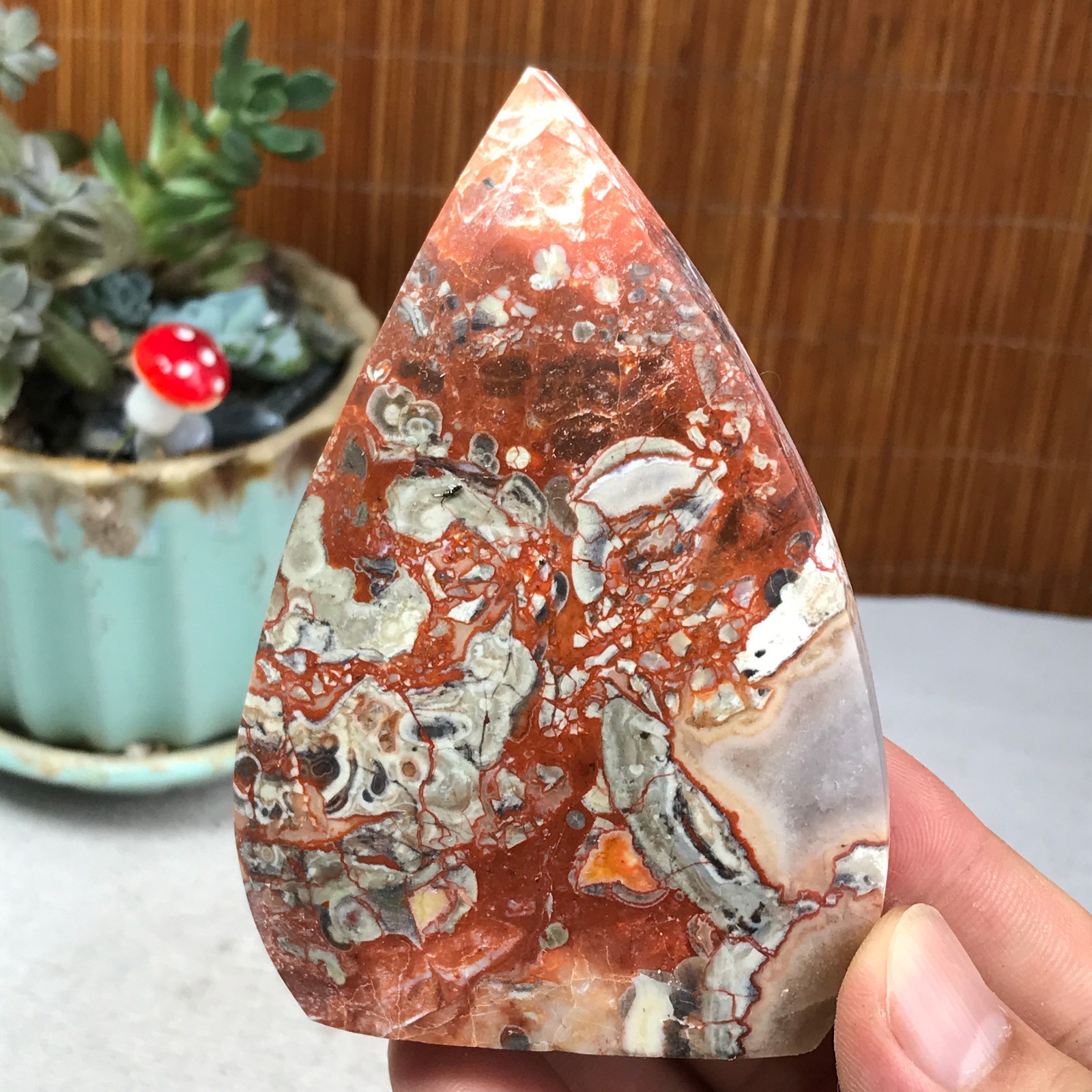 Natural money Mexico agate hand carve leaf Crystal Specimen free standing A6257