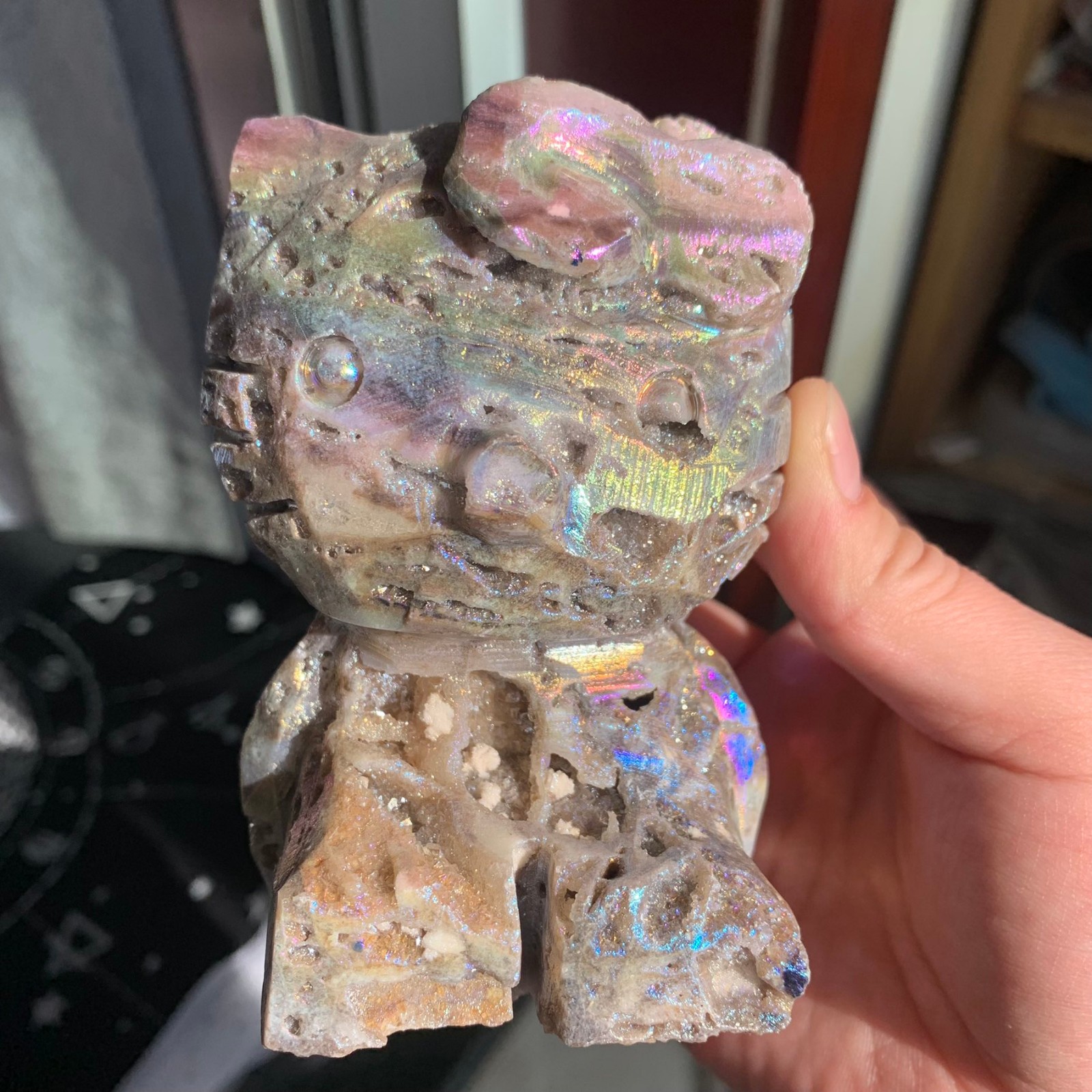 567g Angel Aura Druzy Sphalerite Hello Kitty Cat Rainbow Energy Crystal Art Deco
