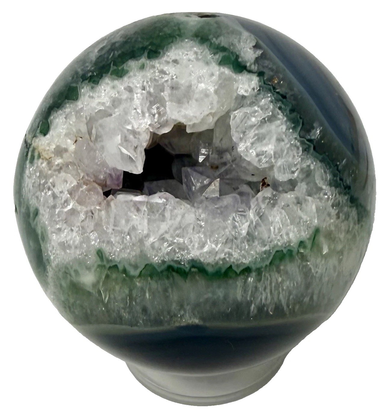 Unique Crystal Sphere Agate W/Green Band Around A Quartz Amethyst Cluster Druzy