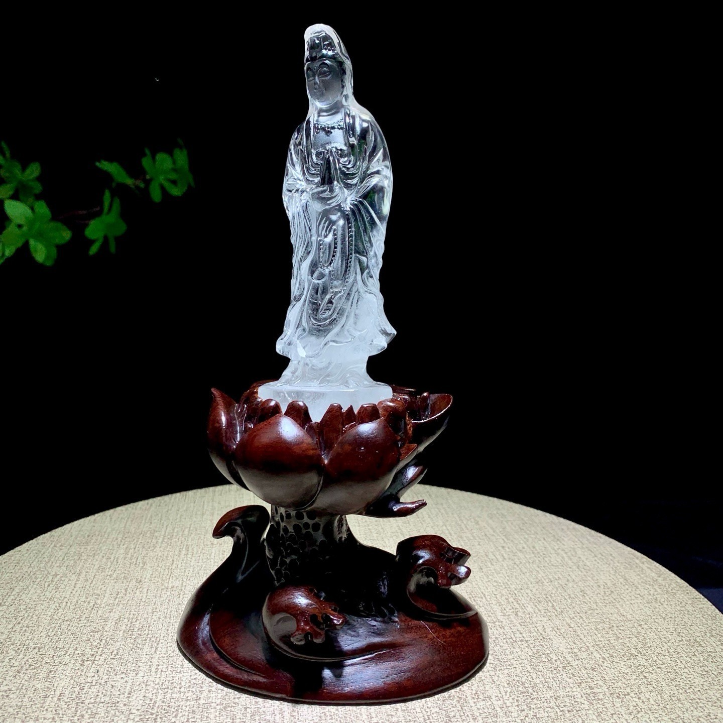 Top Natural Clear Quartz Healing Crystal hand Carved Guanyin Reiki Decor+stand