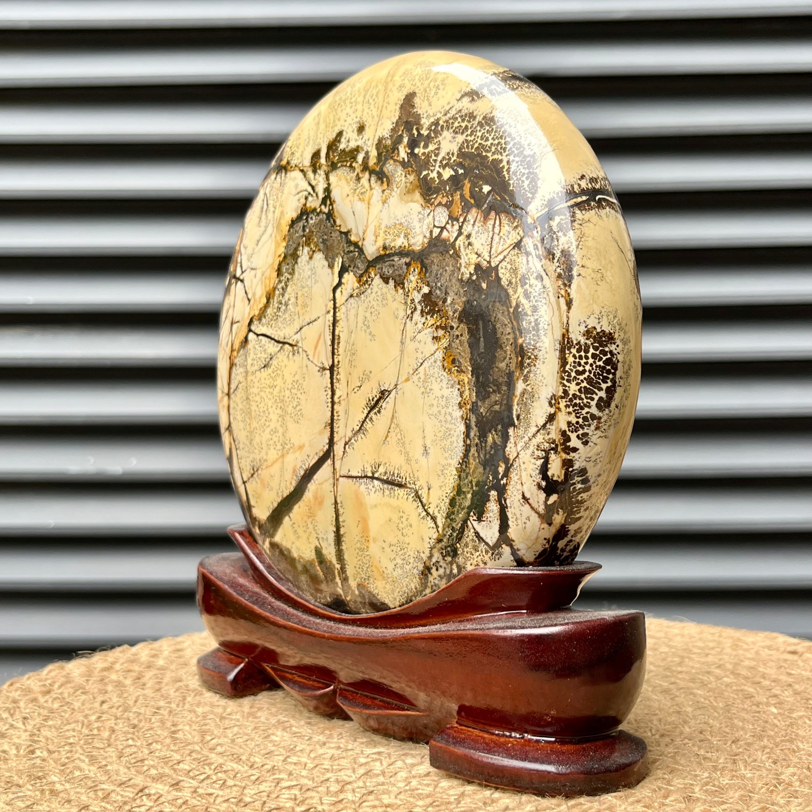 4.4 lb Picture Stone Landscape Art Gift Display w/ Wood Stand Decor