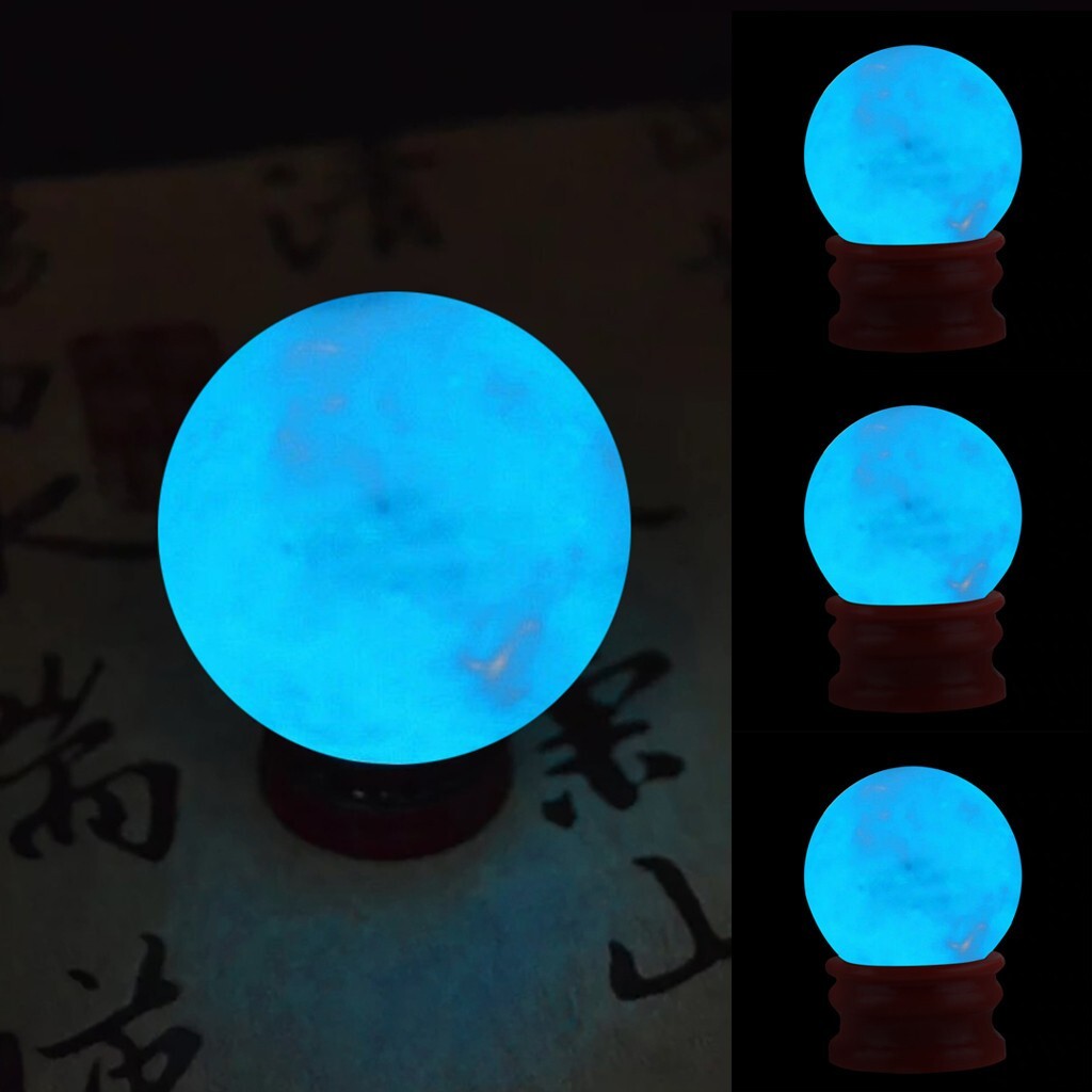 Blue Luminous Quartz Crystal Sphere Ball Glowing Dark Stone With Plastic Base