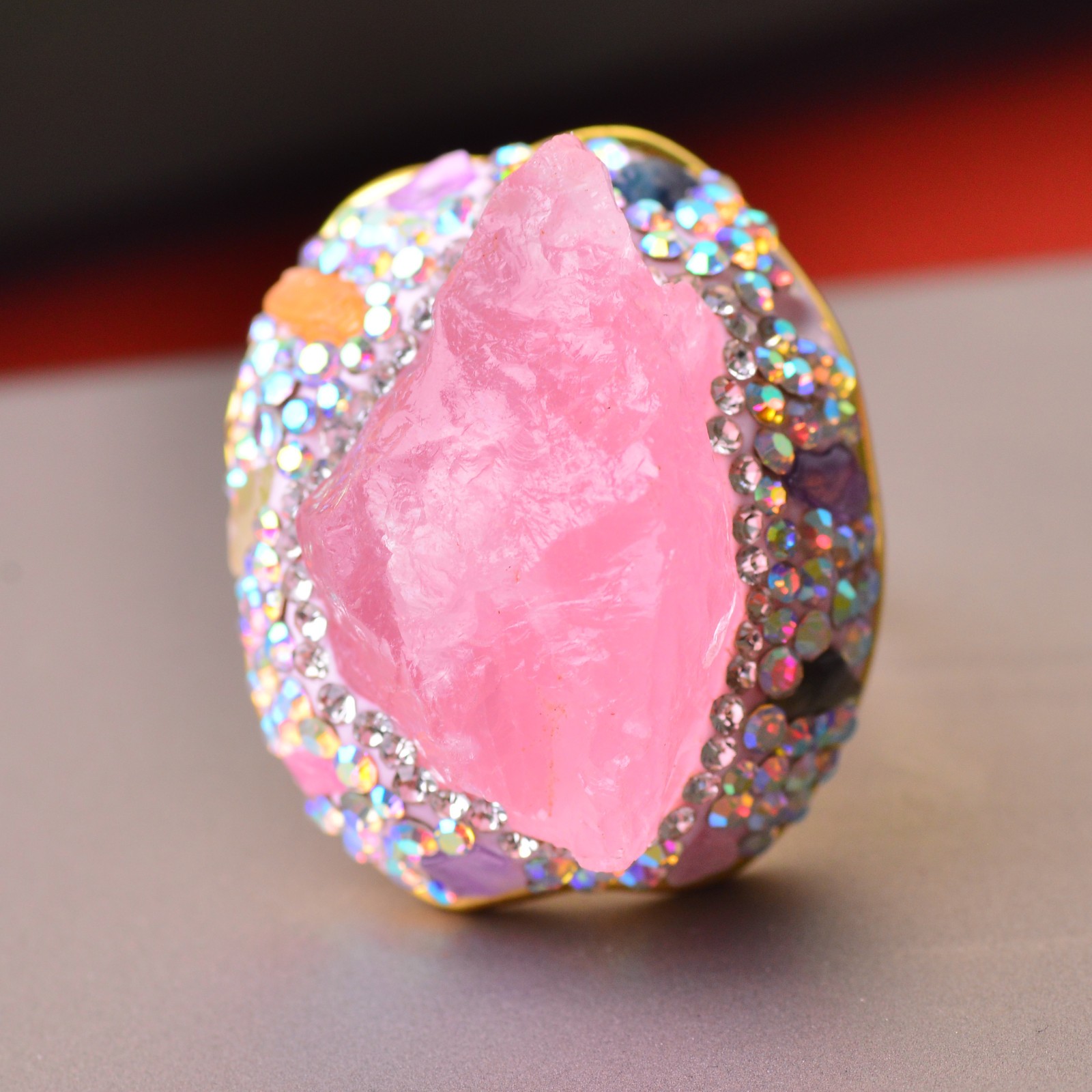 pink quartz ring, alloy inlaid with handmade gemstone jewelry Love Stone