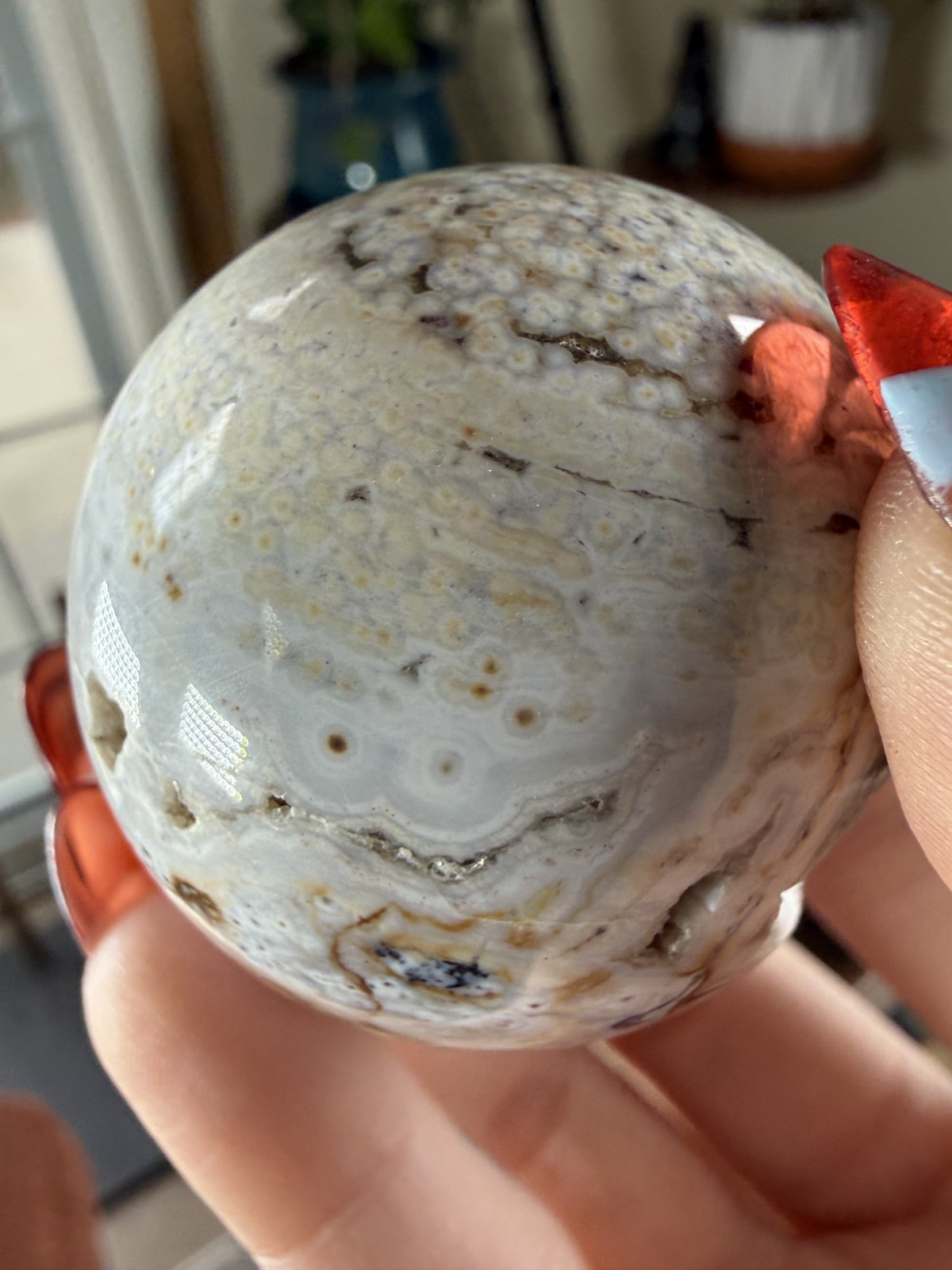 8th Vein Ocean Jasper Sphere – Druzy Sparkly – Green, Beige & White – 3.56oz