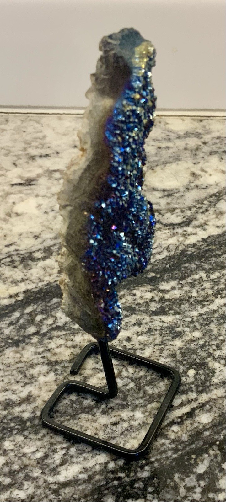 Colorful Rainbow Aura Titanium Quartz Crystal Bismuth cluster On Metal Stand