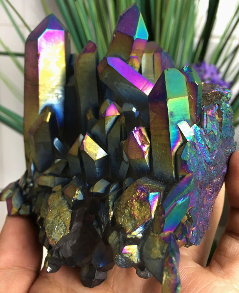 579g Rainbow Titanium plated Crystal Cluster, color-changing crystal