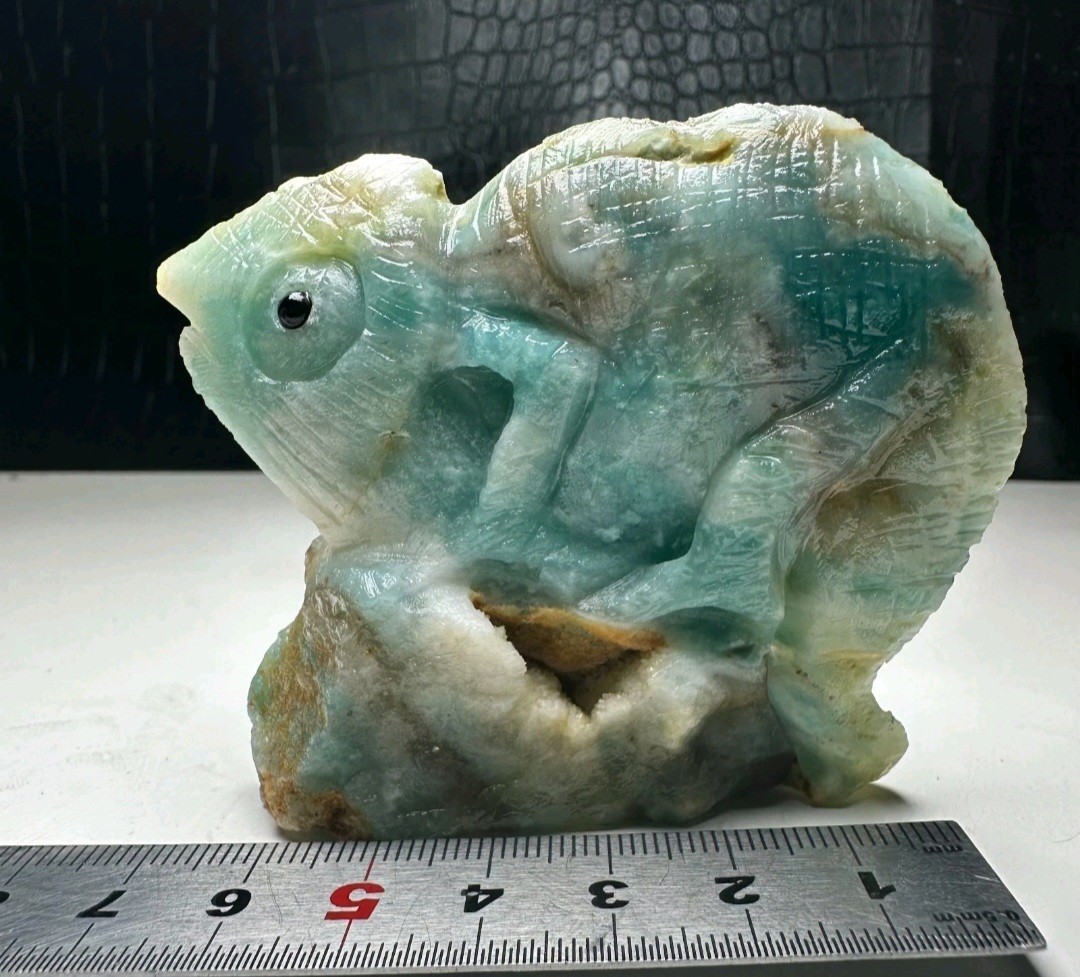 Natural Crystal Mineral Specimen. Amazon Stone. Hand-carved Chameleon Statue