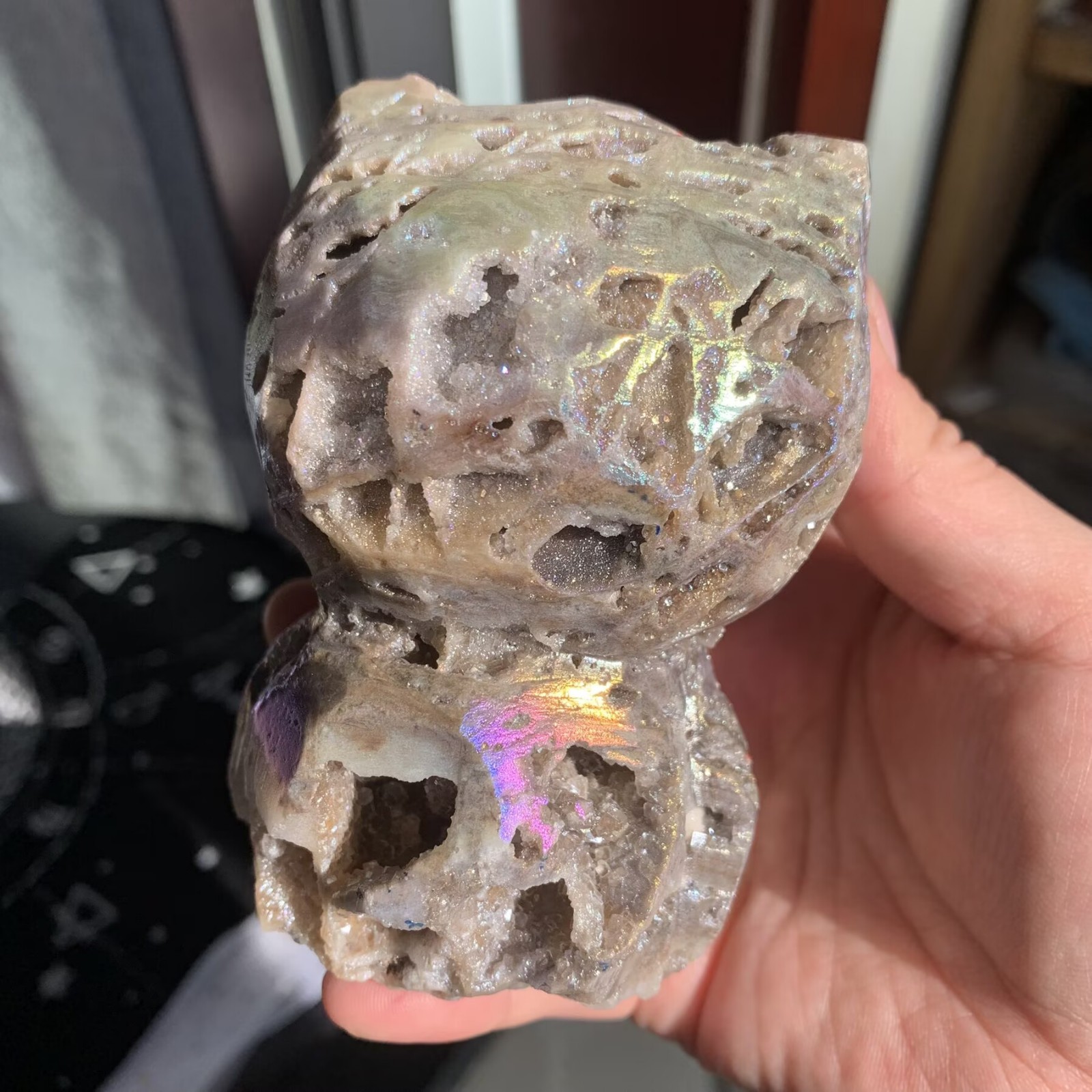 567g Angel Aura Druzy Sphalerite Hello Kitty Cat Rainbow Energy Crystal Art Deco
