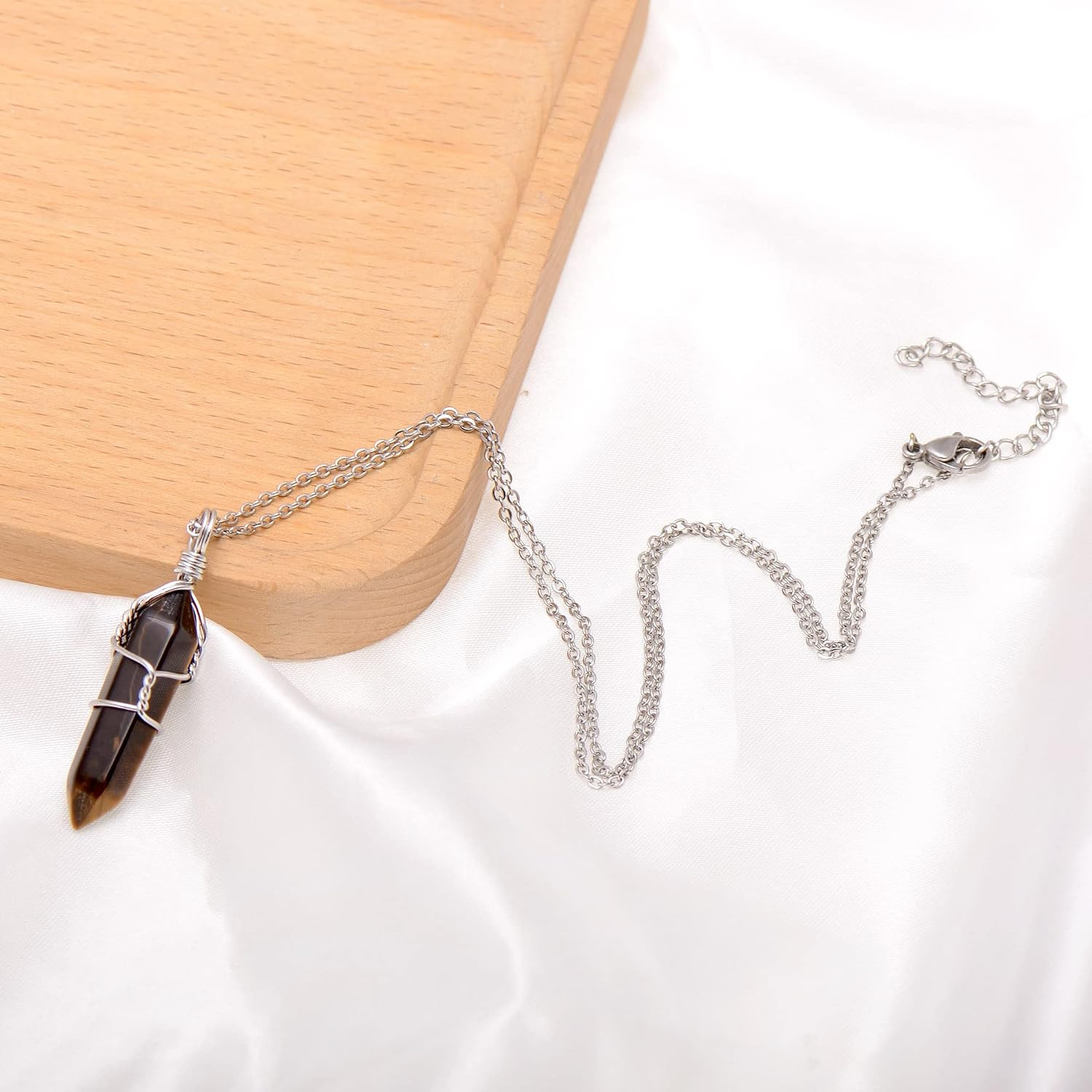 Natural Tiger Eye Crystal Point Pendant Necklace Wire Wrapped Chakra Women Men