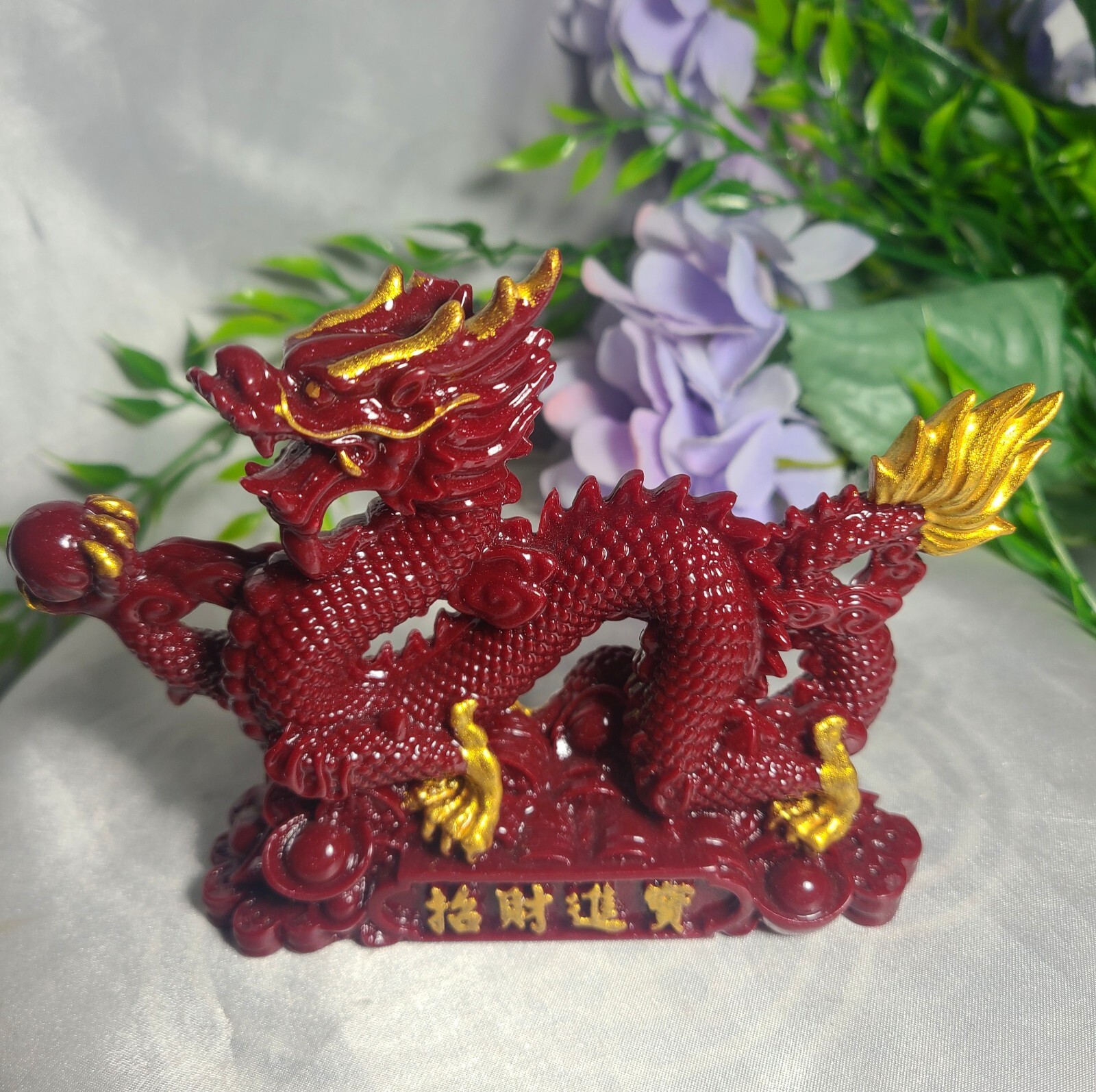 5.7″ Full Body Cinnabar Chinese Dragon w/ Sphere Crystal Stone Carving Statue