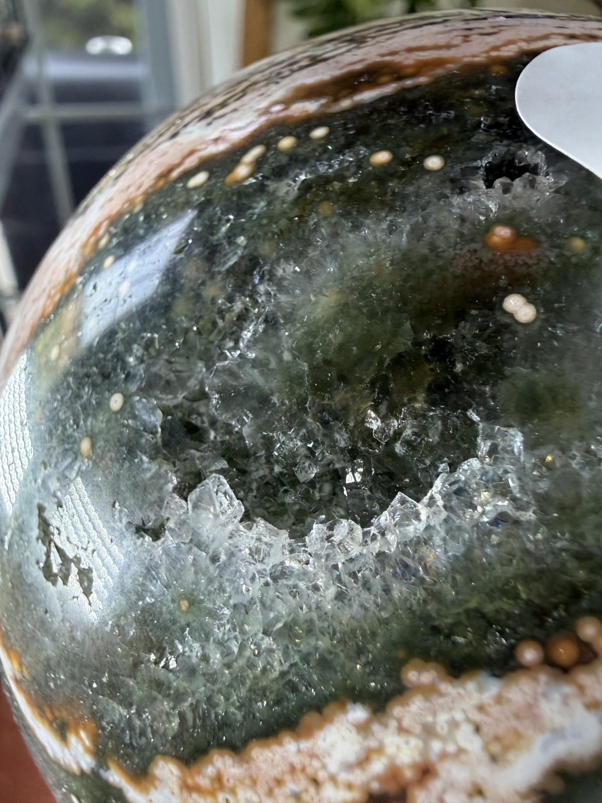 8th Vein Ocean Jasper Sphere – Druzy Pockets – Green, Pink, White – 3.69lbs