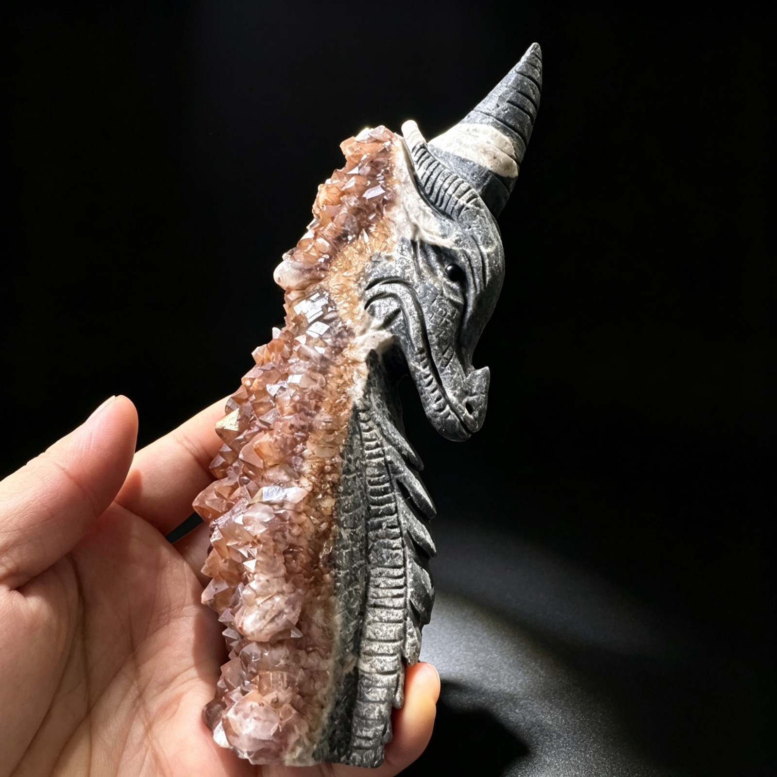 6.4IN Natural Red Crystal Cluster Dragon Carving, Handcarved Desktop Sculpture