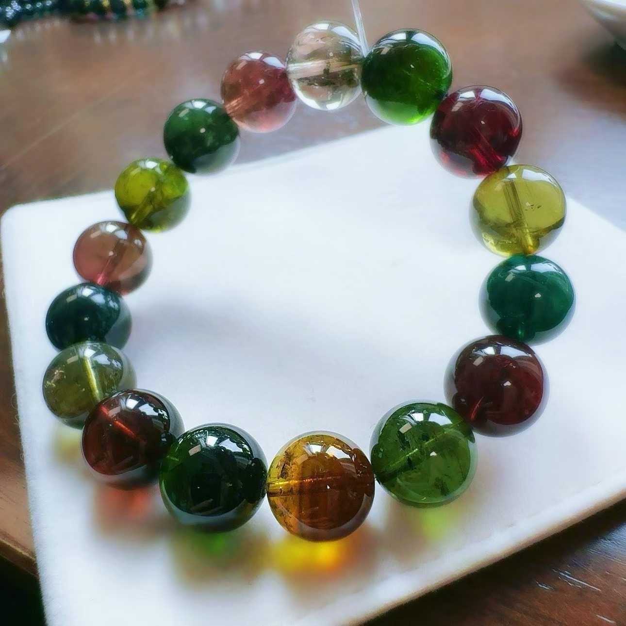 12mm Natural rainbow tourmaline quartz Beaded Bracelet Gemstone Stretch Bracelet