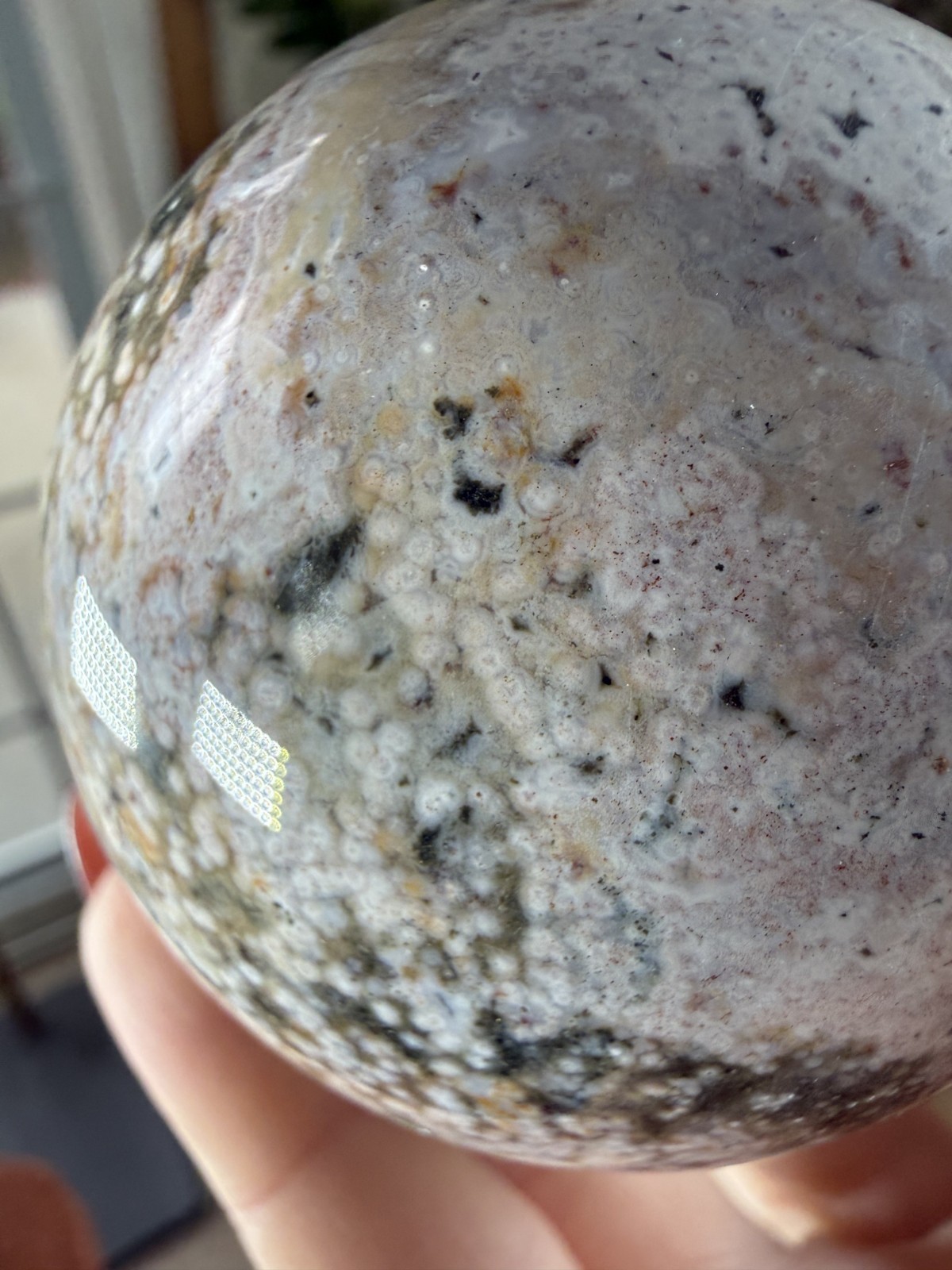 8th Vein Ocean Jasper Sphere – Druzy – Pink, White, Blue & Green Orbs – 9.91 oz