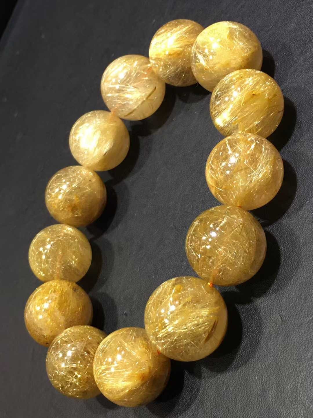 17mm Natural golden rutilated quartz Beaded Bracelet Gemstone Stretch Bracelet