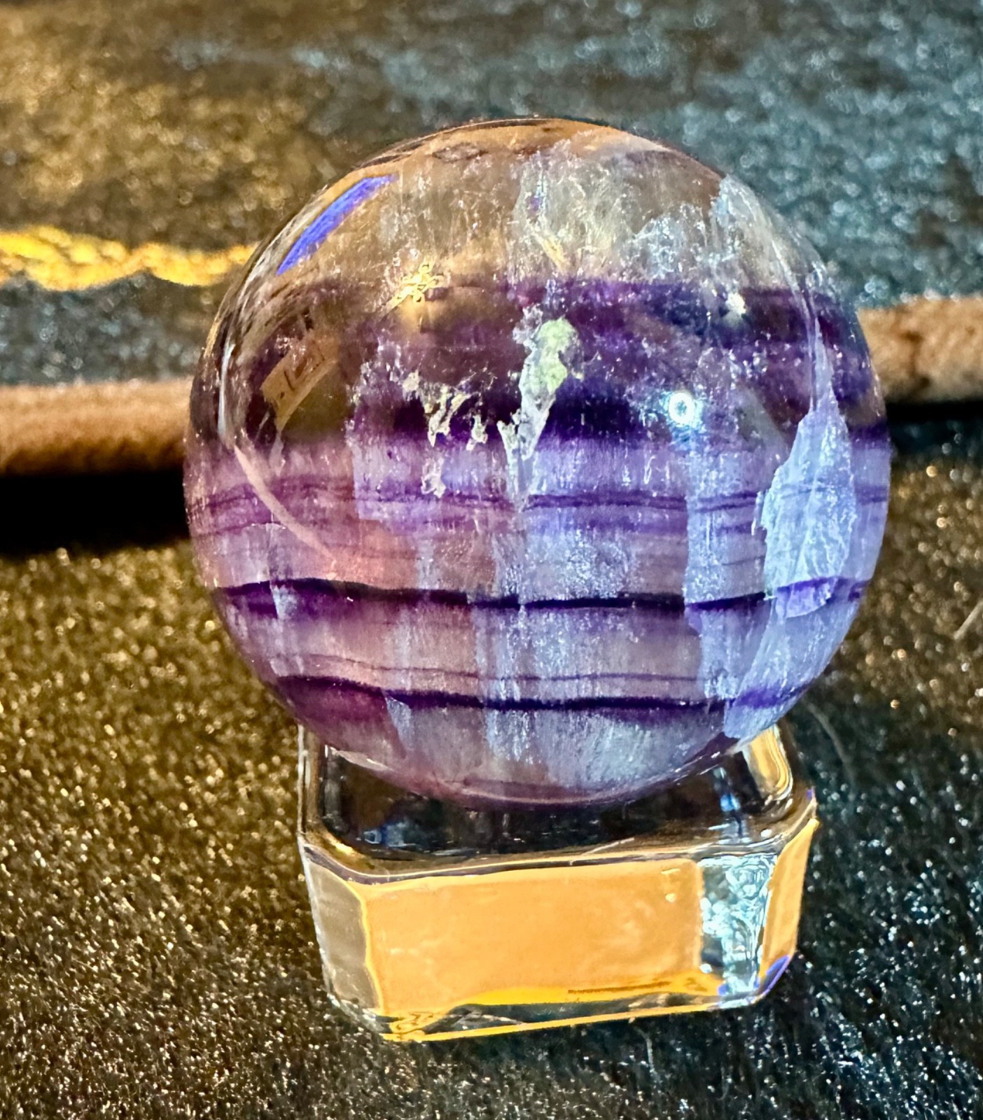 Banded purple fluorite sphere with USB multicolor light stand Free shipping