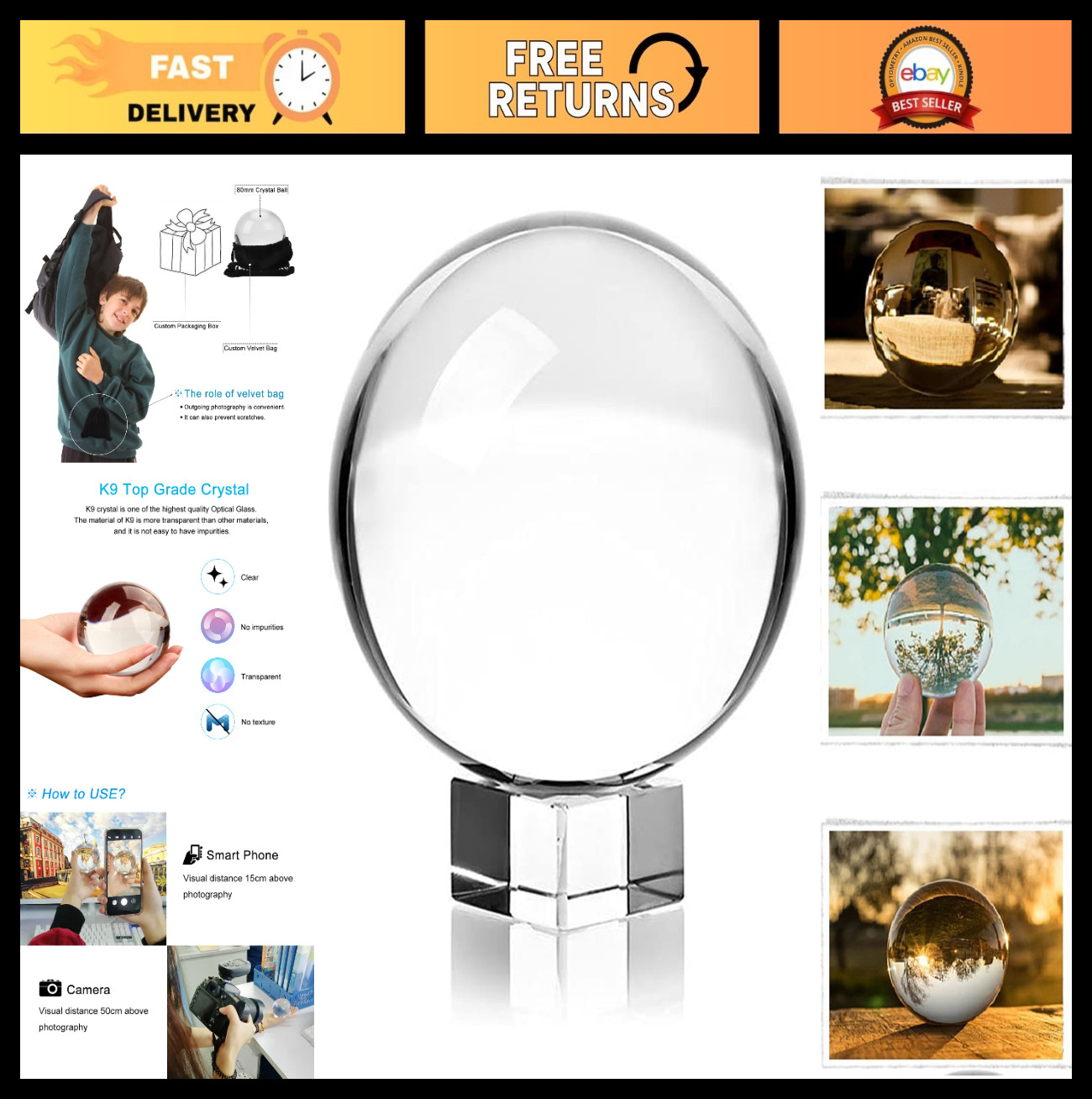 Photography Crystal Ball 80mm Lens with Stand – K9 Crystal Sphere for Stunning I