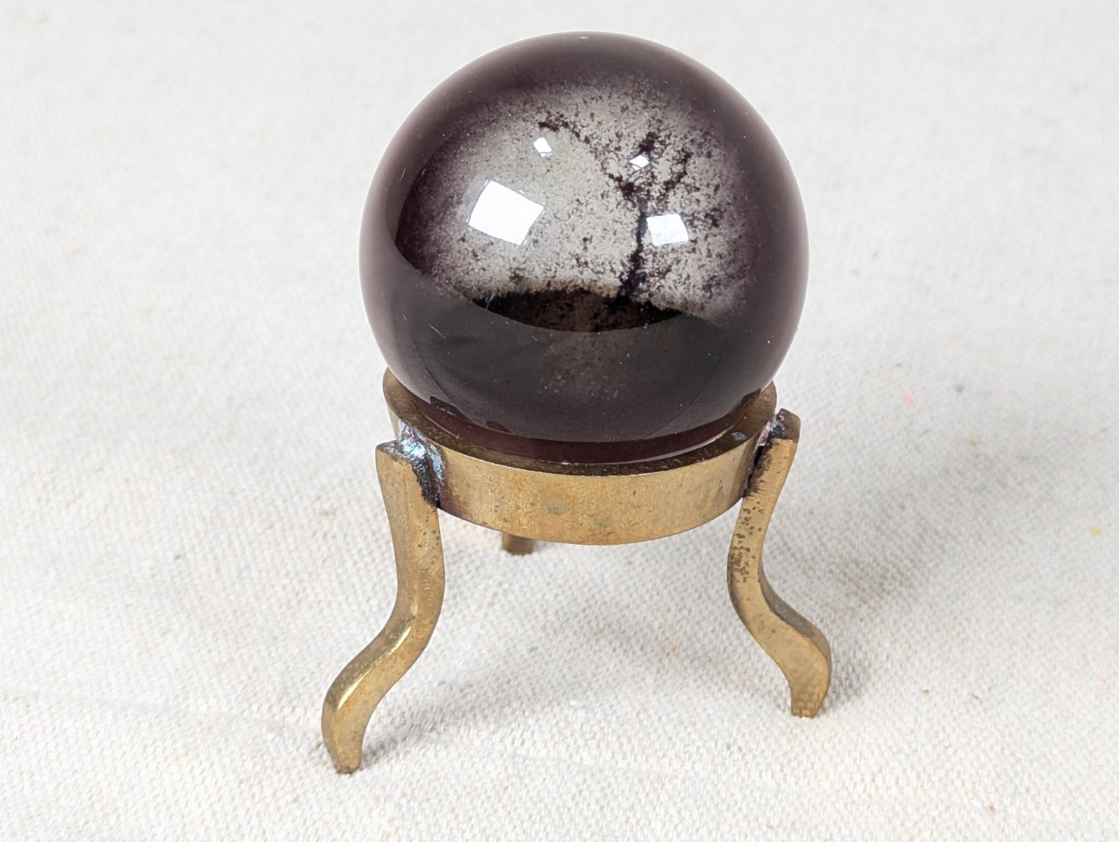 Vintage Purple Obsidian Glass Sphere on Three-Legged Brass Tripod Stand Decor