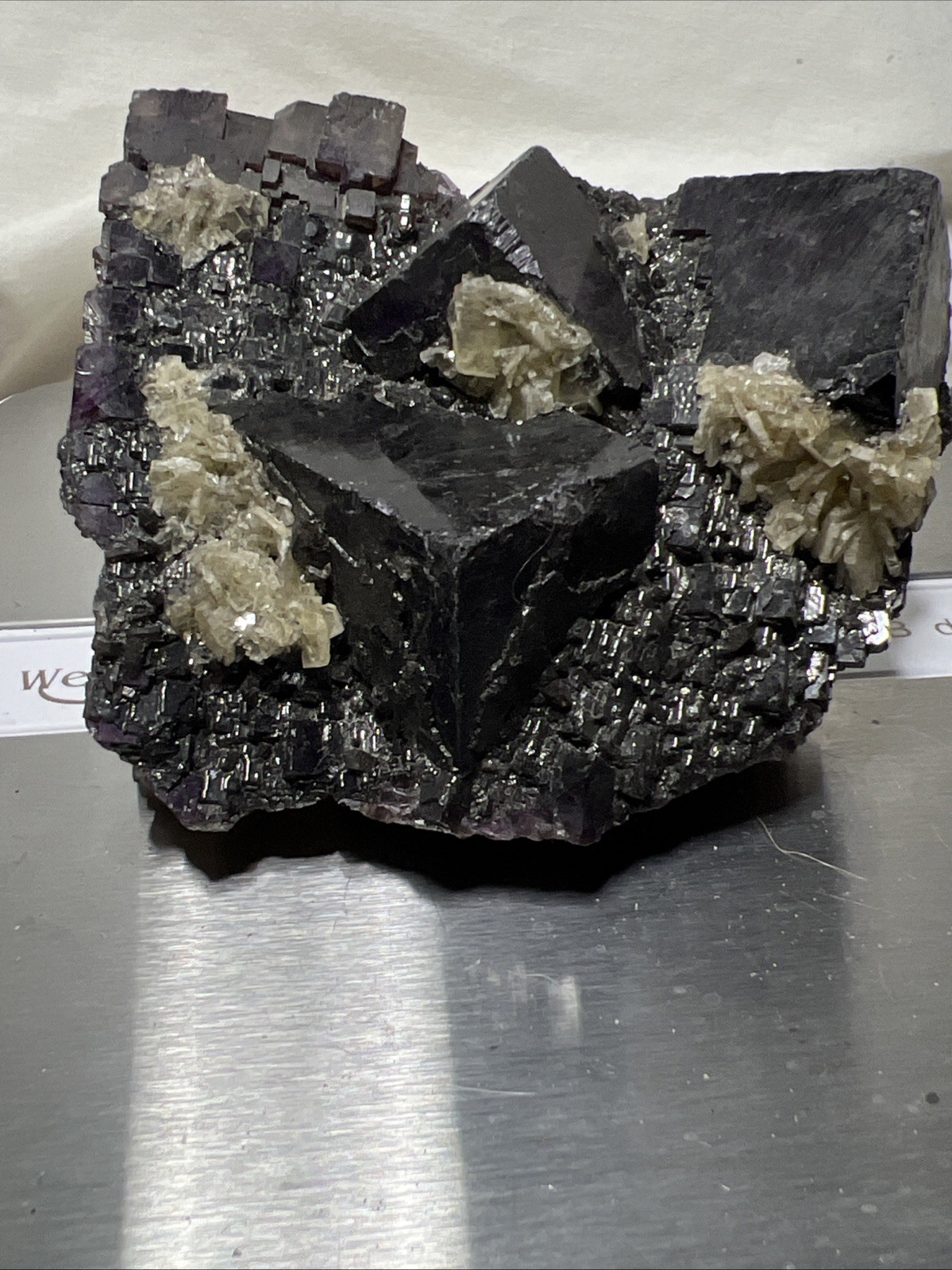 Purple / Black BEAUTIFUL Florite W/ Calcite Clusters. Perfect Cube Formations