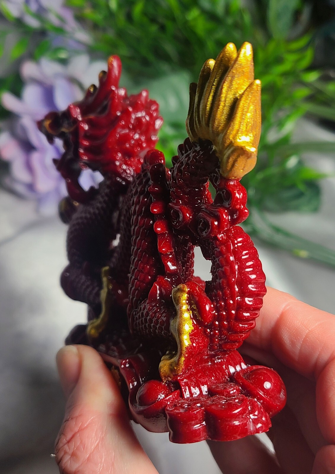 5.7″ Full Body Cinnabar Chinese Dragon w/ Sphere Crystal Stone Carving Statue