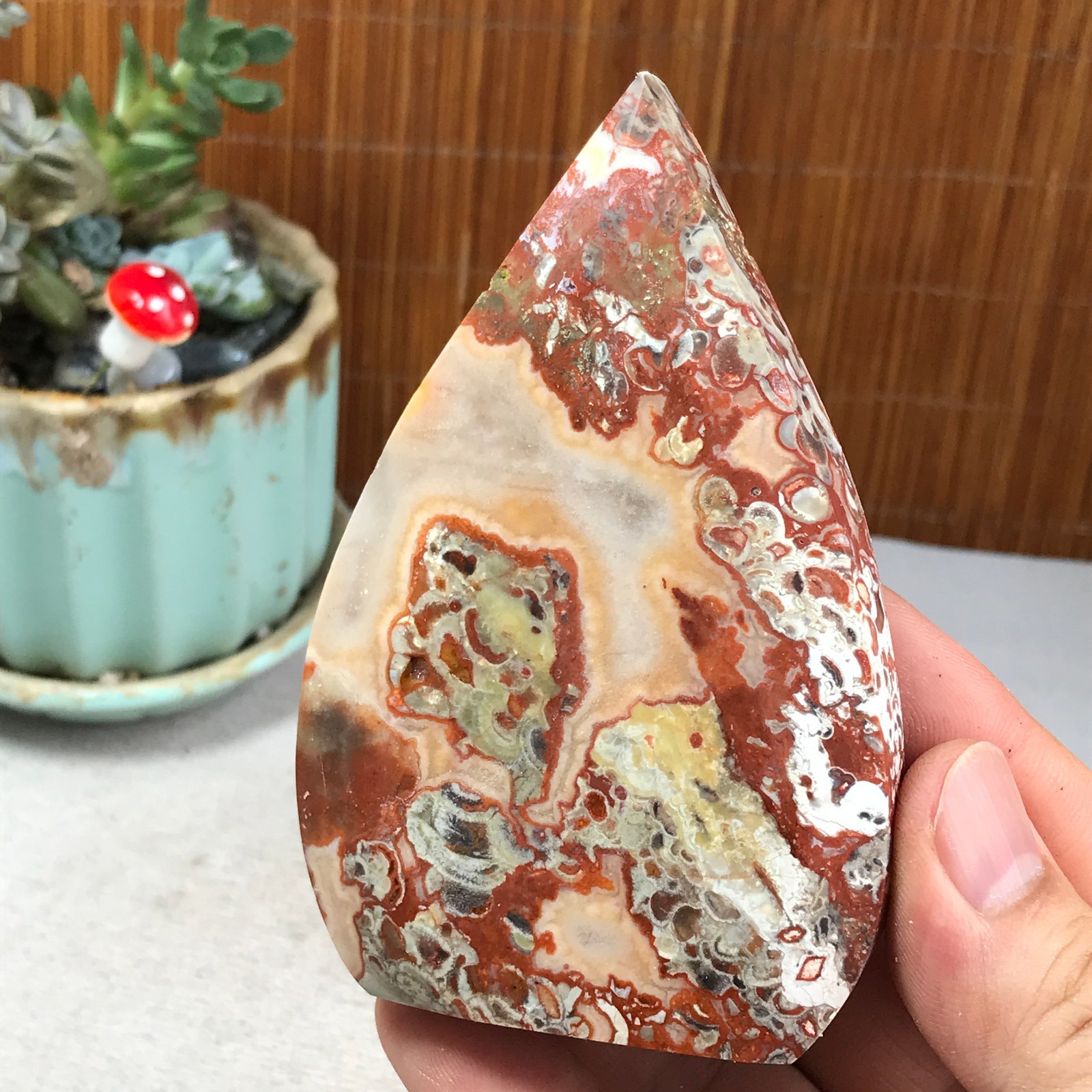 Natural money Mexico agate hand carve leaf Crystal Specimen free standing A6263