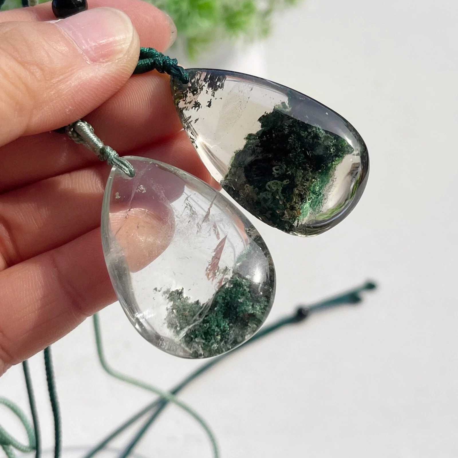 2pcs Natural Ghost Phantom Quartz Crystal Pendant Necklace Chakra Healing Rock