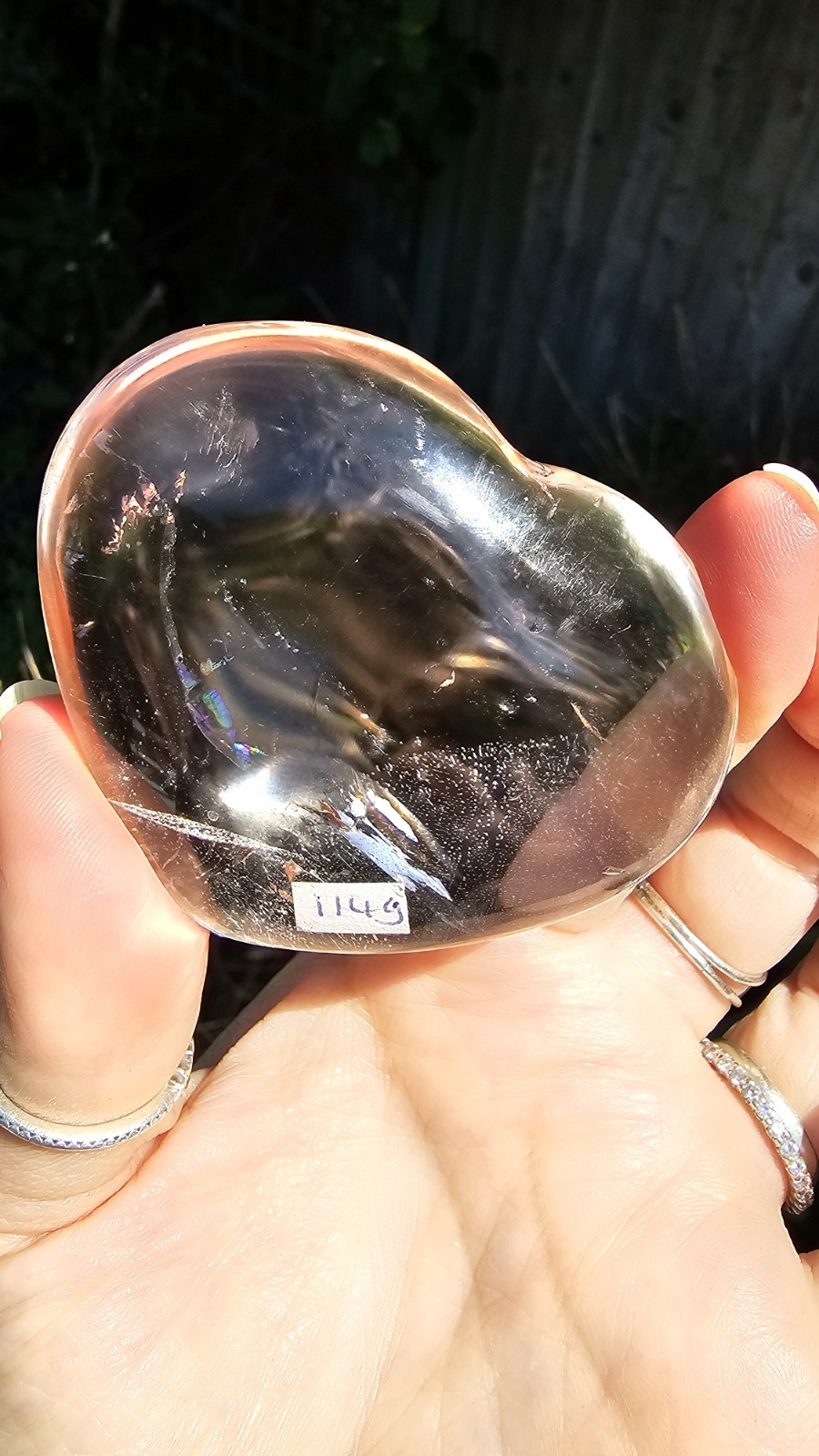 A grade Smokey Quartz heart Palmstone crystal Rainbows 114g 6.6cm Smoky palm