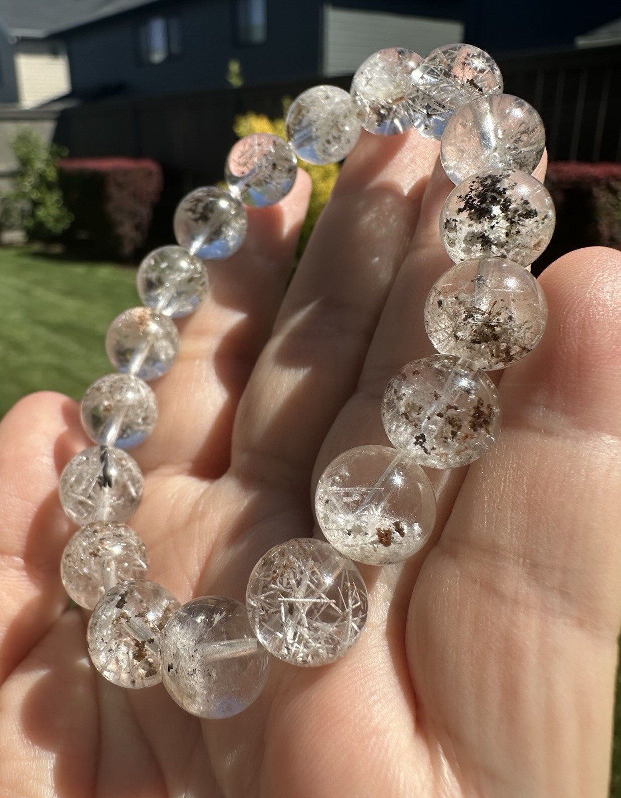Rare Natural 11mm+ Snowflake White Rutile & Black Phantom Quartz Bracelet
