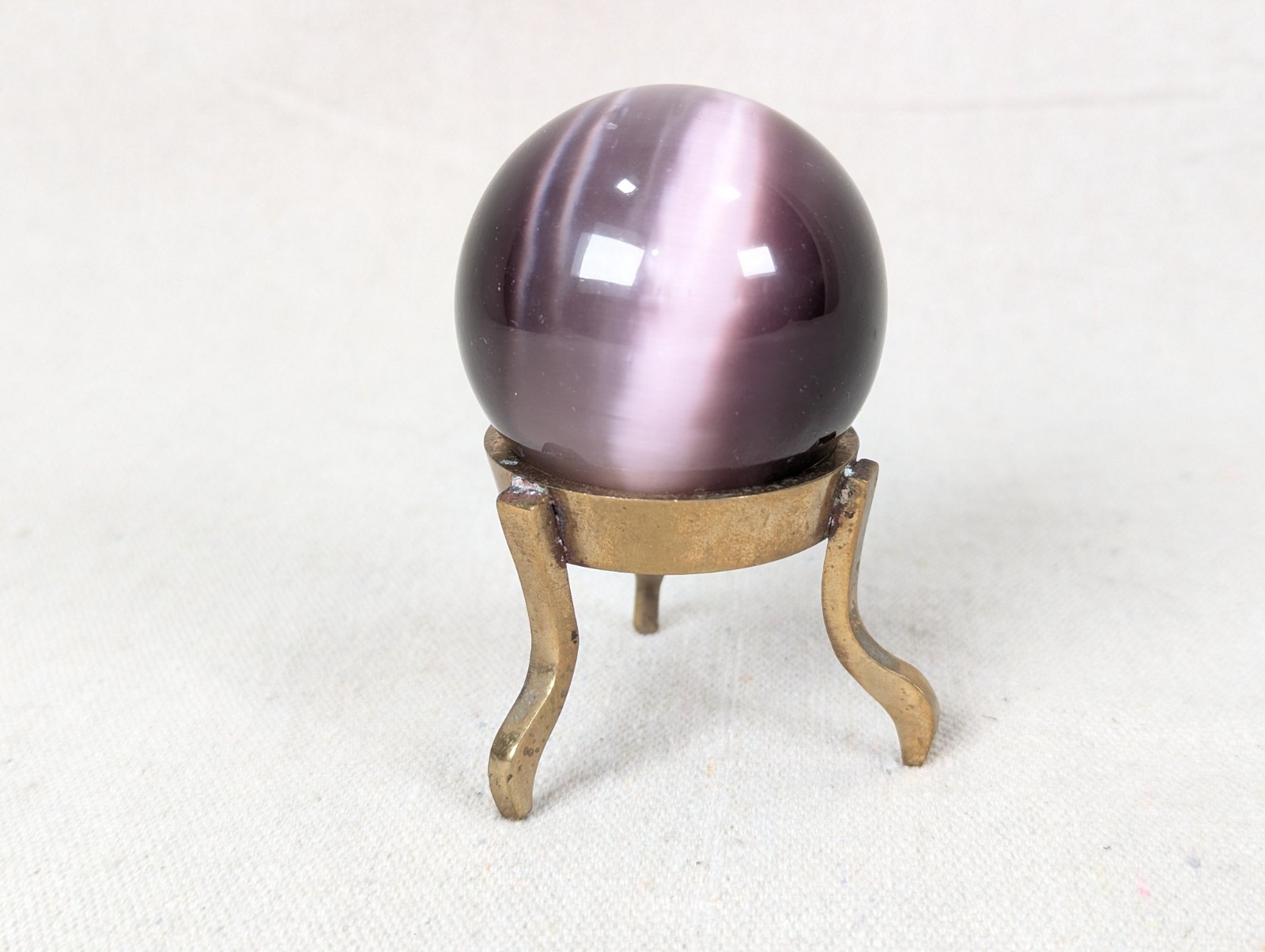 Vintage Purple Obsidian Glass Sphere on Three-Legged Brass Tripod Stand Decor