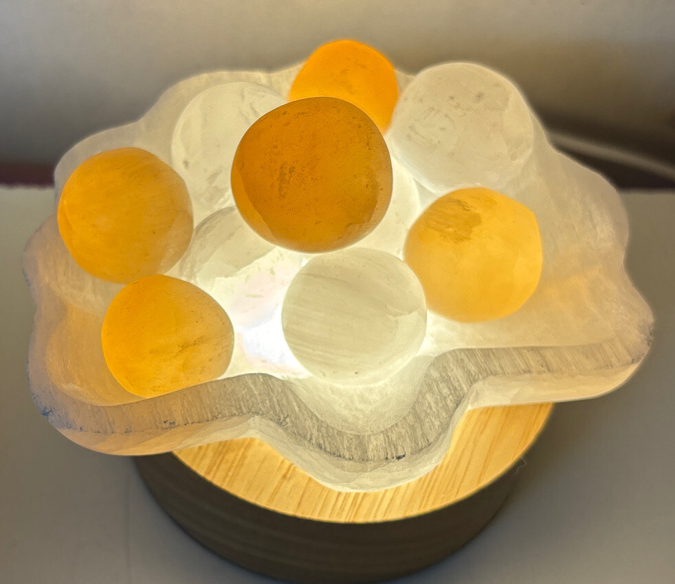 Selenite seashell and pearl lamp