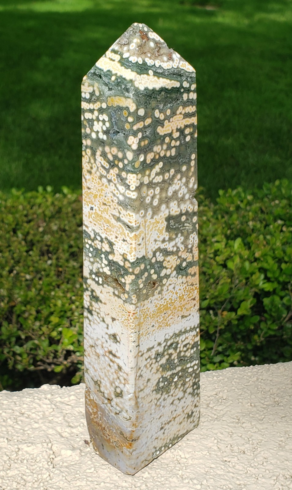 8.25″ Natural 8th Vein Orbicular Ocean Jasper Crystal Tower Obelisk Point Wand