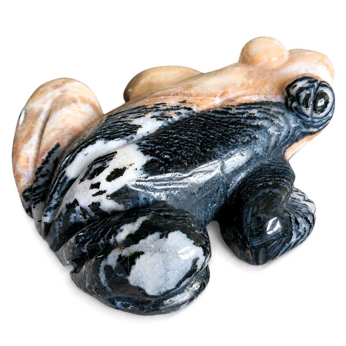 Polished Zebra w Ocean Jasper Crystal Frog Toad Carving – 278 grams – USA