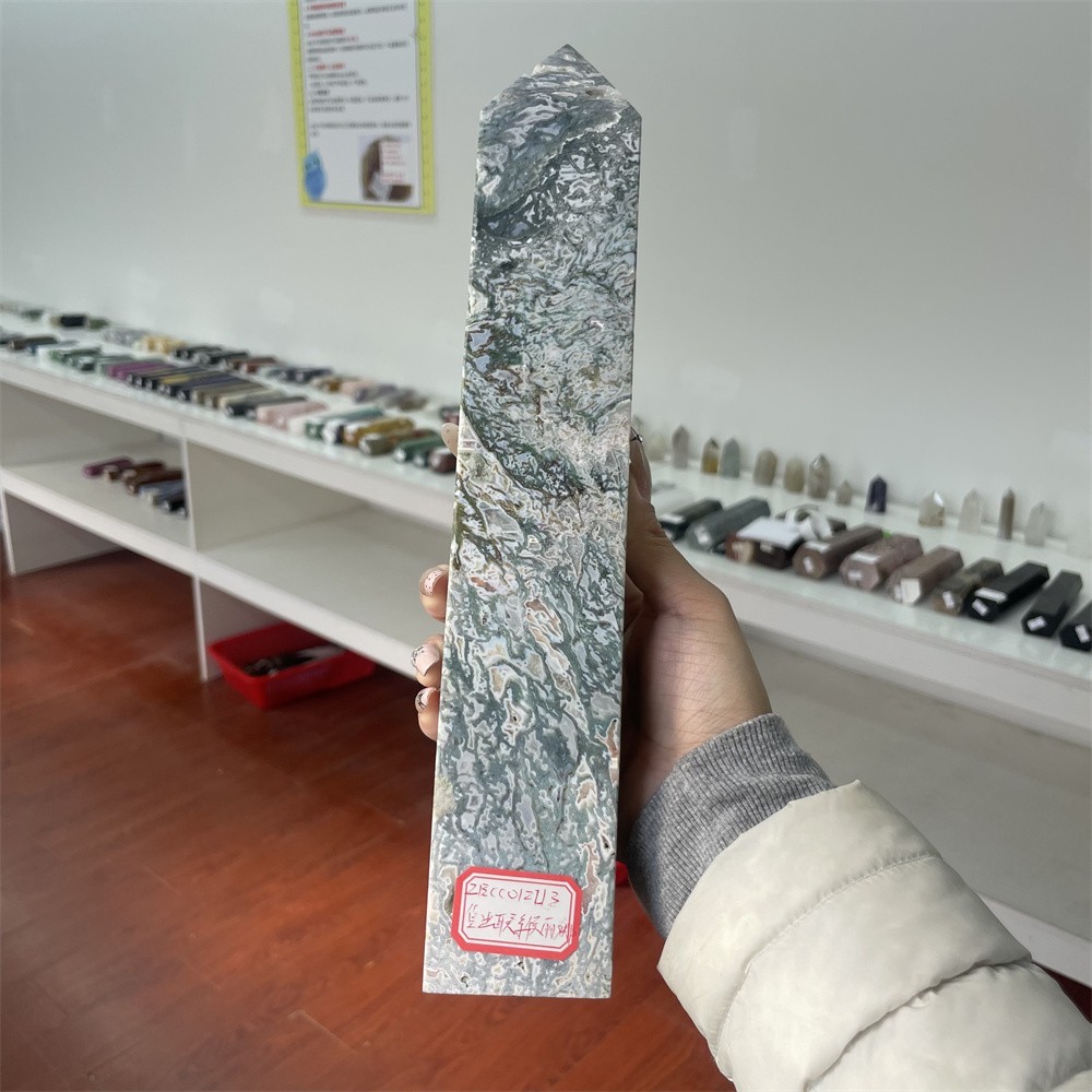 3.4LB 12.2″ Natural Moss Agate Obelisk Tower Crystal Quartz Point Mineral Reiki