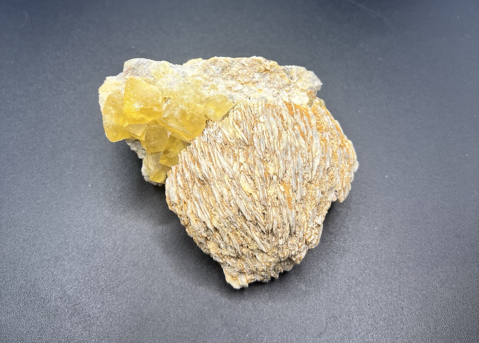 Yellow Fluorite Cubed Stone on Barite from Morocco 309g Over 3in -Fluorescent