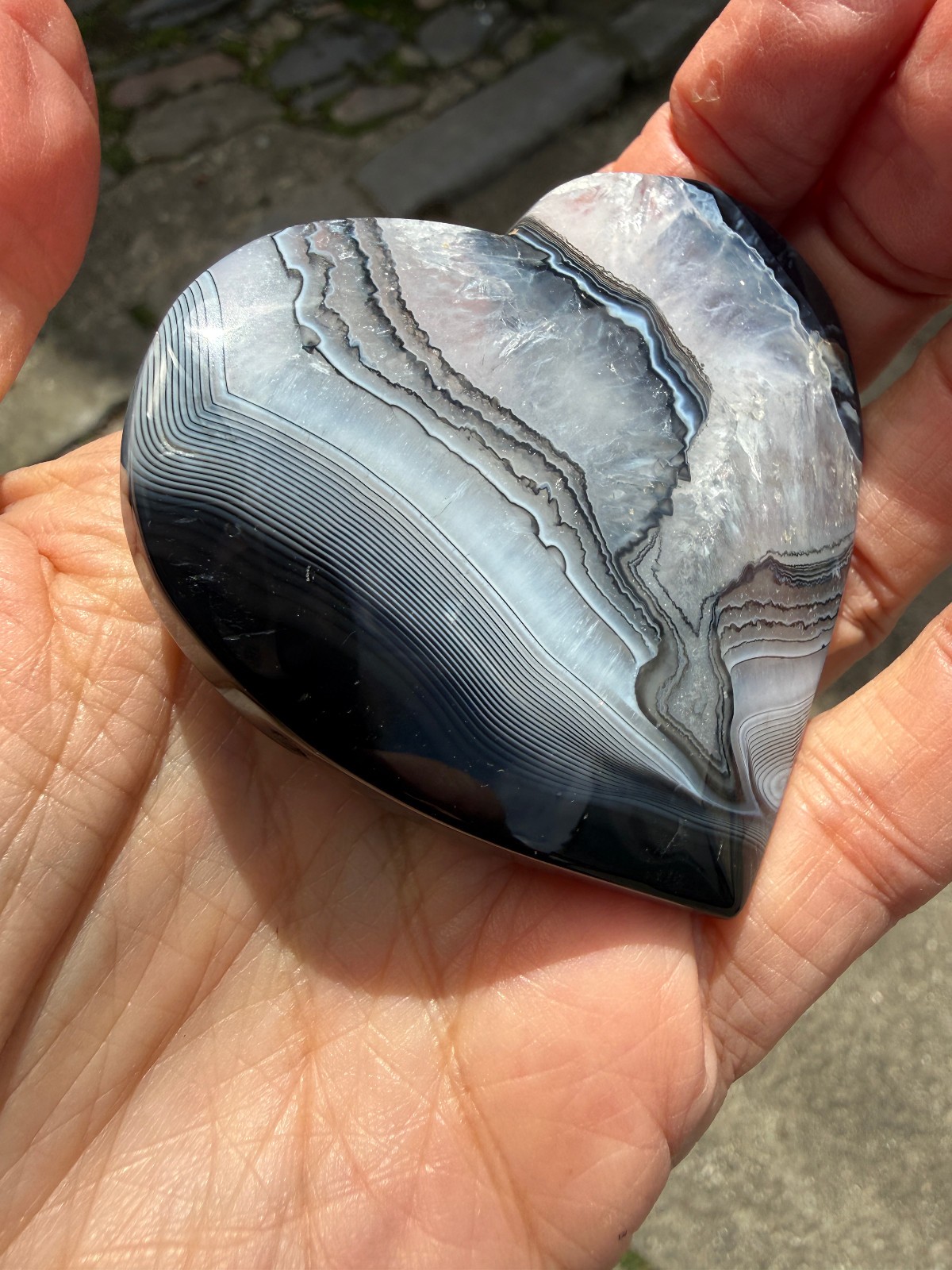 Black and clear banded Botwana Agate Natural Crystal Heart Polished Success 83g