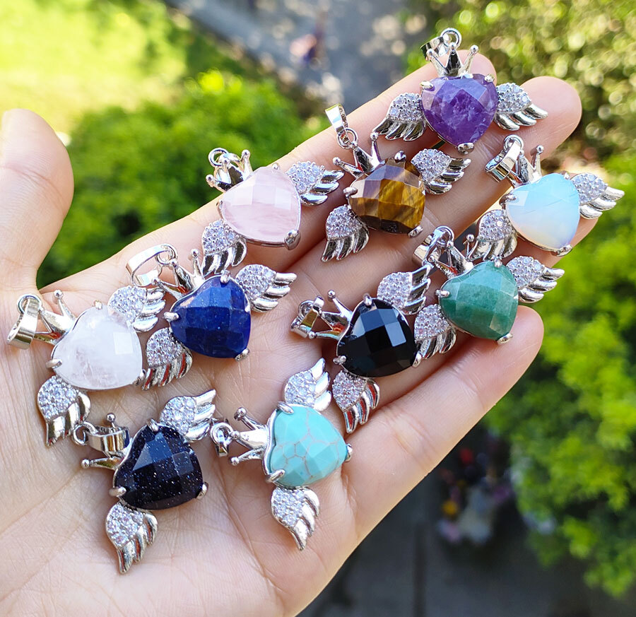 10pcs Amethyst Pendants Faceted Vary Gems Angel Wings Heart Love Luck Amulet