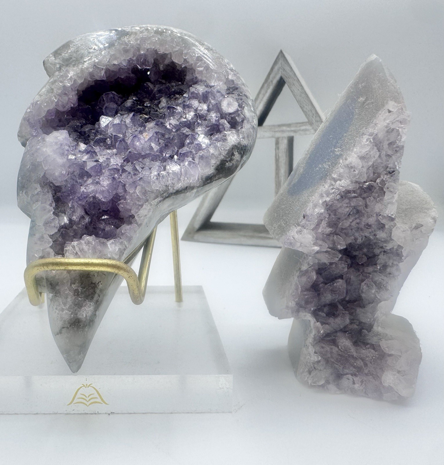 Amethyst Crystal Cluster Geode Angel Wing and Lightning Bolt Set of 2