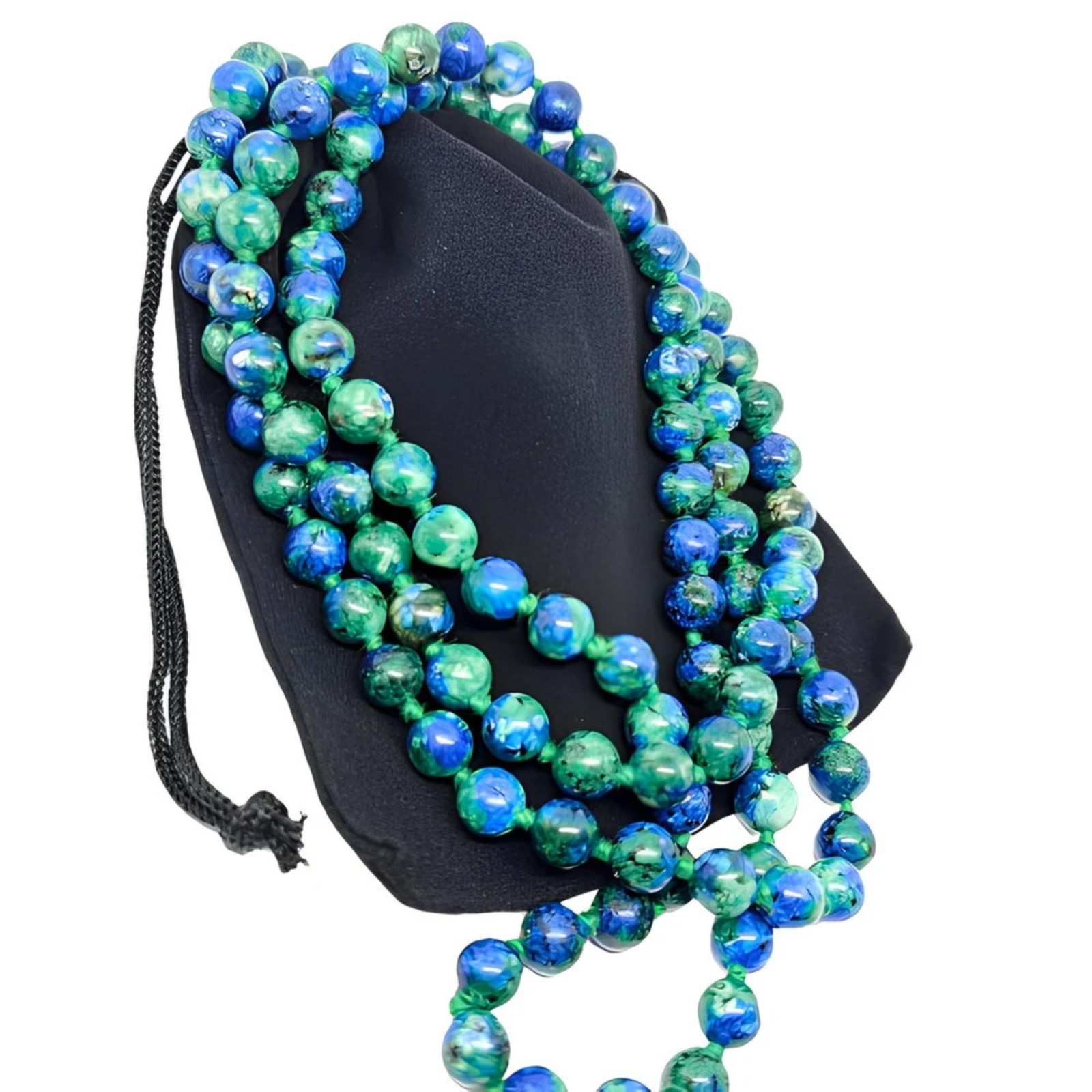 Chrysocolla Bead Necklace 43 Inch Knotted 8mm Gemstone Strand Tassel & Bag