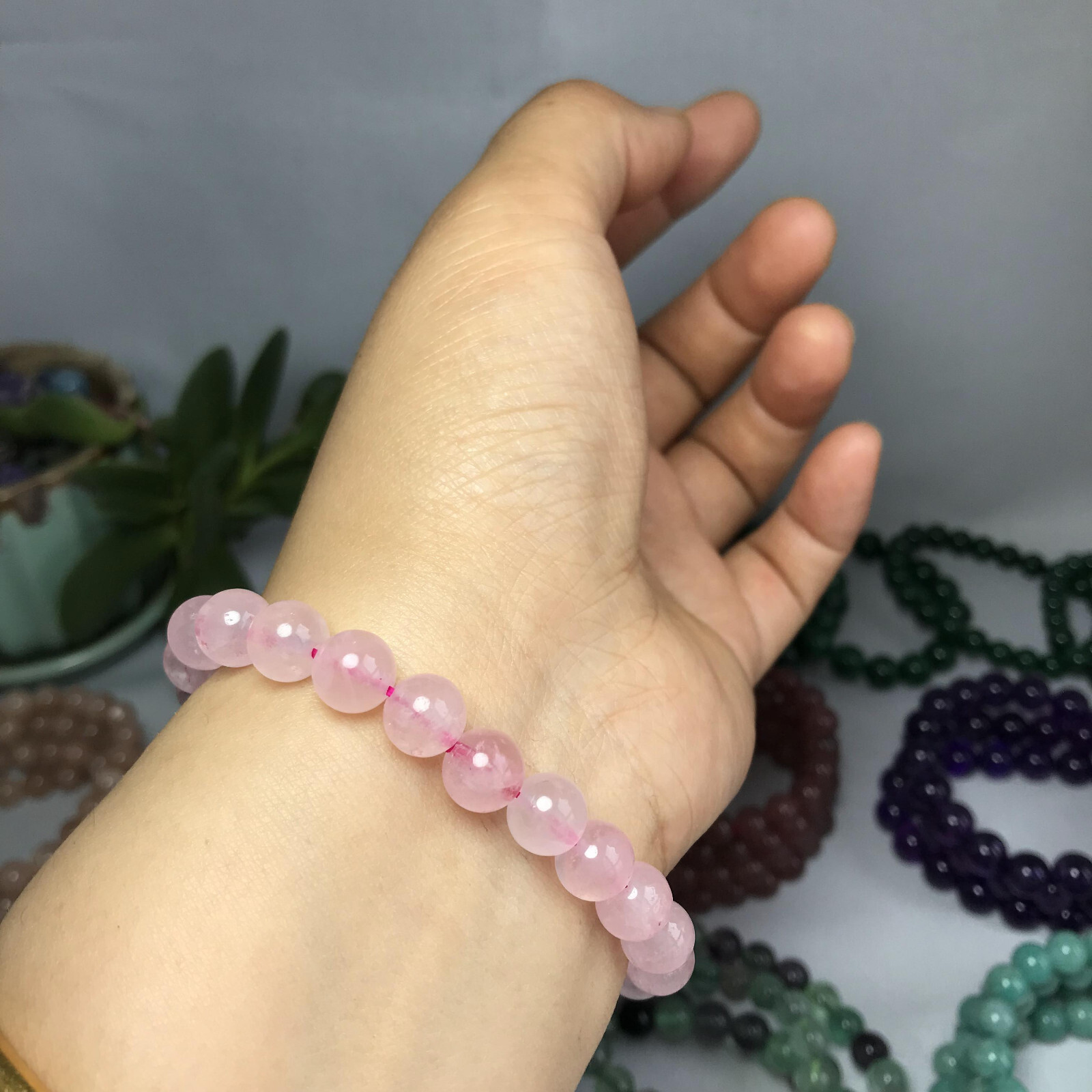 8mm-9mm Top Natural pink crystal gemstone Crystal chain beads bracelet 19g A5268