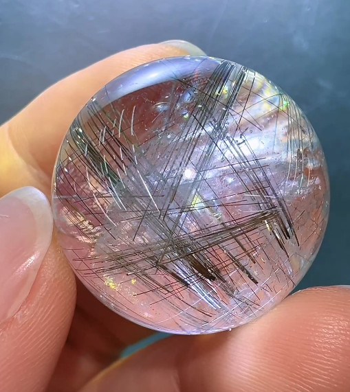 26mm Natural Rainbow Rutilated Quartz Sphere Crystal Ball Reiki Healing Decor